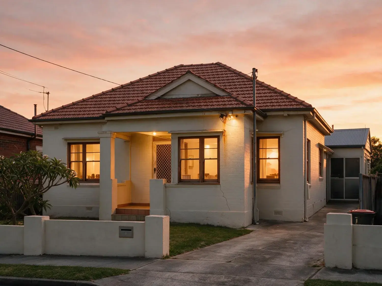 Before and after of a north bondi semi photographed at midday, sky bleached out, every window dark and no lights on inside — enhanced by Plotpane