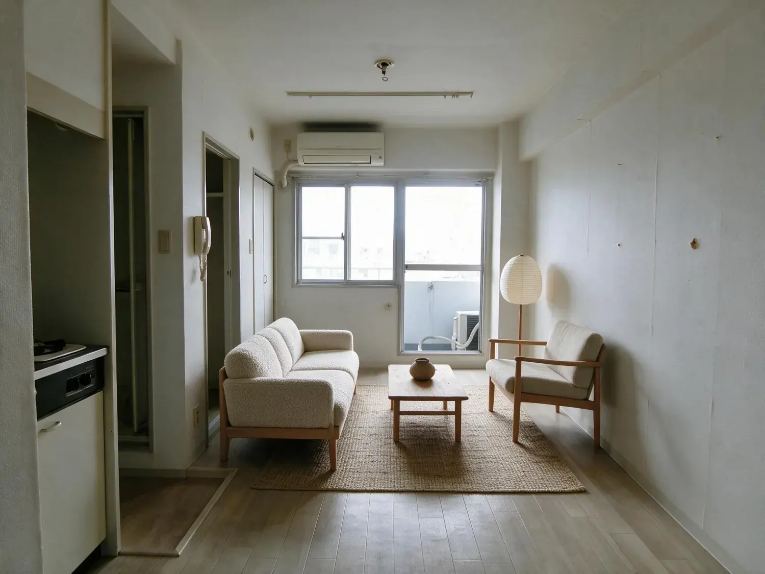 Before and after of an empty 22 square metre shibuya 1k, the entire flat one room, photographed the way it is handed over after move-out cleaning — enhanced by Plotpane