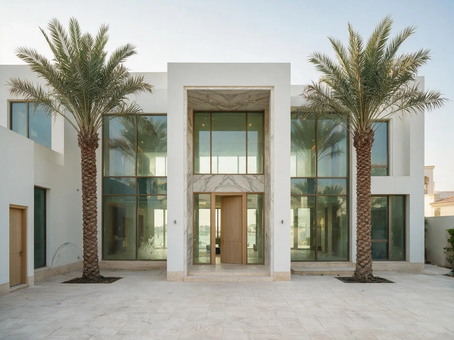Before and after of the front elevation from the driveway, the two-storey entrance portal centred, mature palms either side, the motor court in pale stone, one of ten frames from a single Palm Jumeirah villa shoot in Dubai. — original listing photo before editing