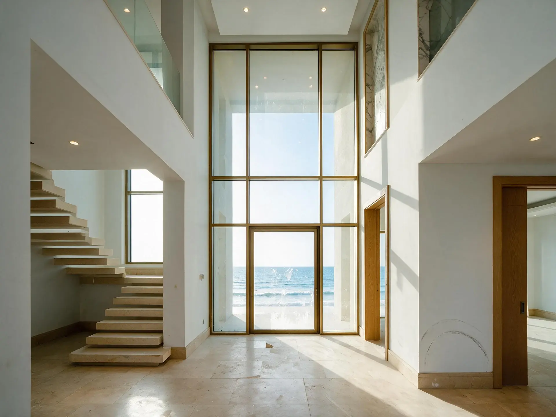 Before and after of the double-height entrance hall looking through to the sea, a floating stone stair on the left, a full-height window at the half-landing, one of ten frames from a single Palm Jumeirah villa shoot in Dubai.