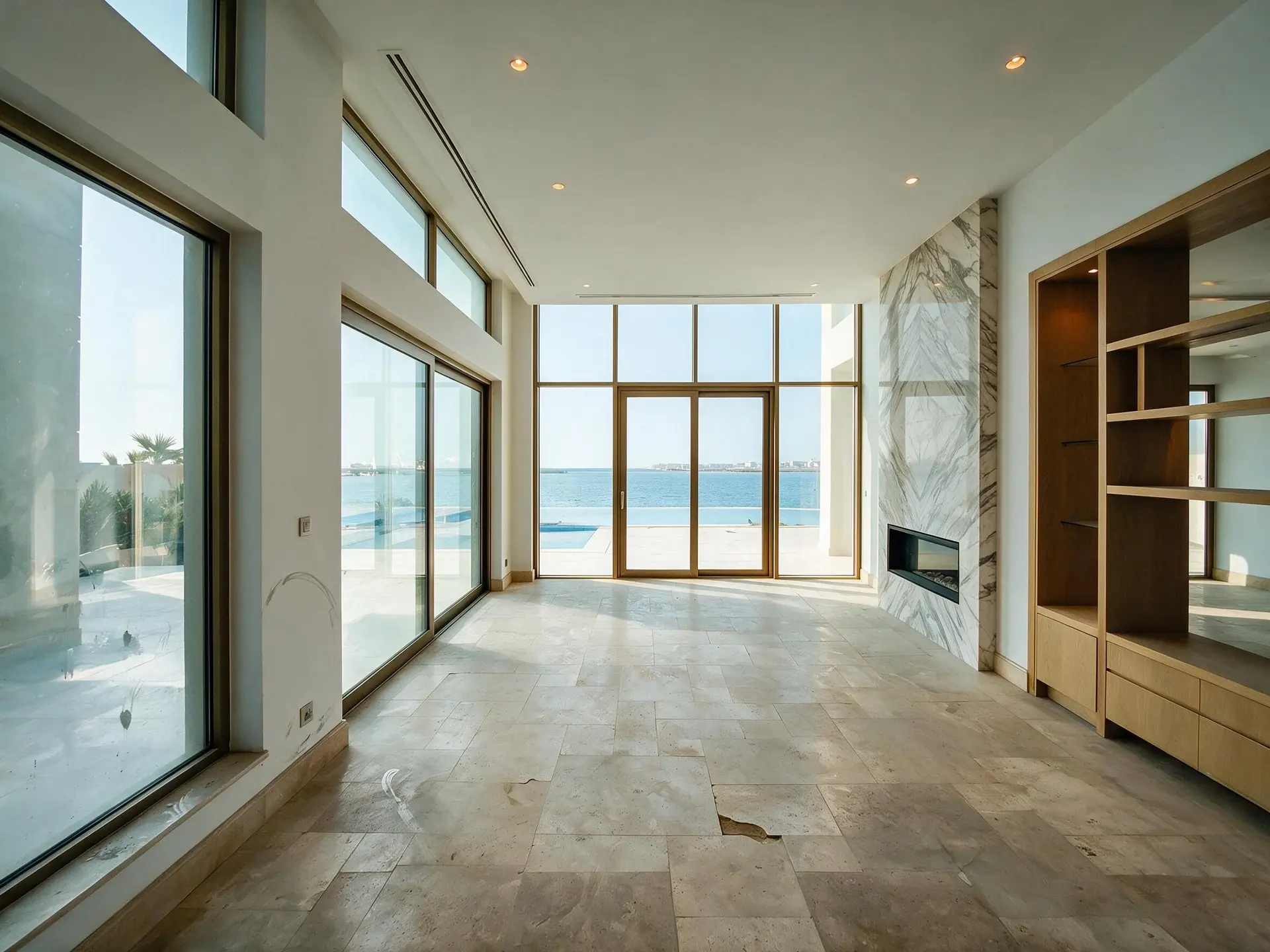 Before and after of the main living room shot down its long axis to the pool terrace and the Gulf, a linear marble fireplace on the right wall, one of ten frames from a single Palm Jumeirah villa shoot in Dubai.
