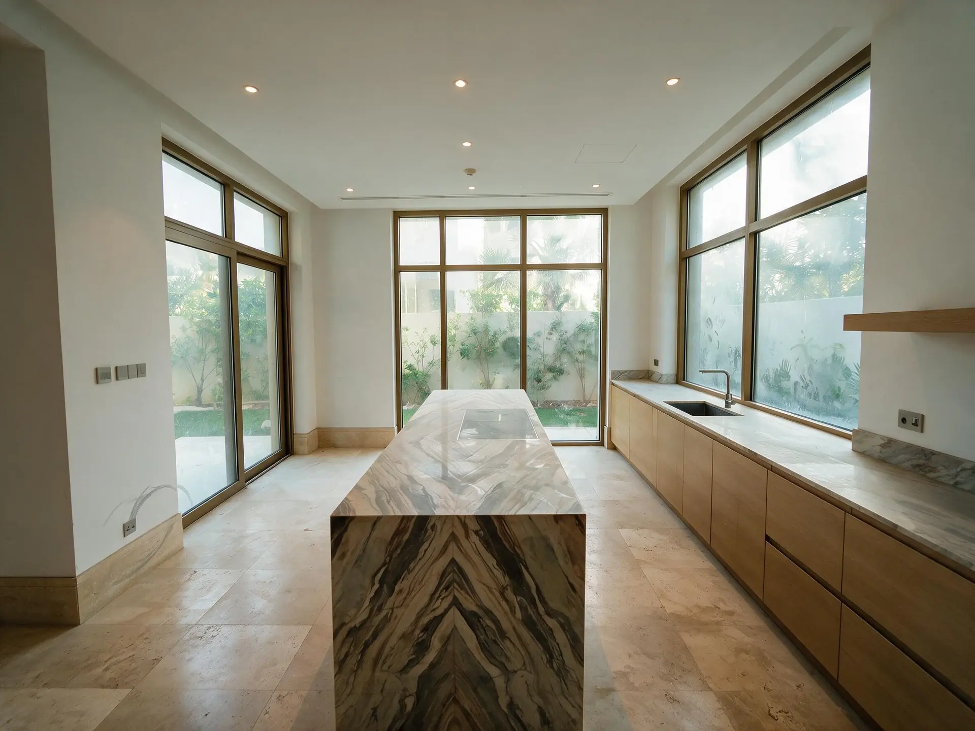 Before and after of the kitchen from the dining end, a long island in book-matched marble, handleless pale oak units, a run of glazing onto the side garden, one of ten frames from a single Palm Jumeirah villa shoot in Dubai.