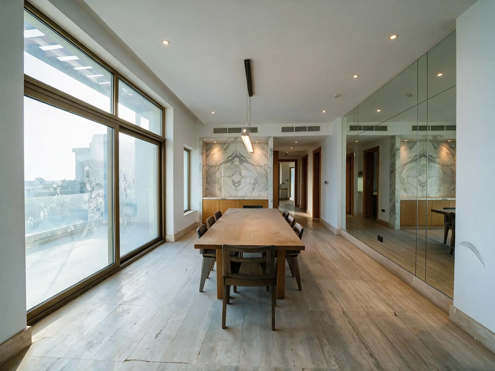 Before and after of the dining room, a long oak table under a linear pendant, glazing to the terrace on one side and a mirrored wall on the other, one of ten frames from a single Palm Jumeirah villa shoot in Dubai.