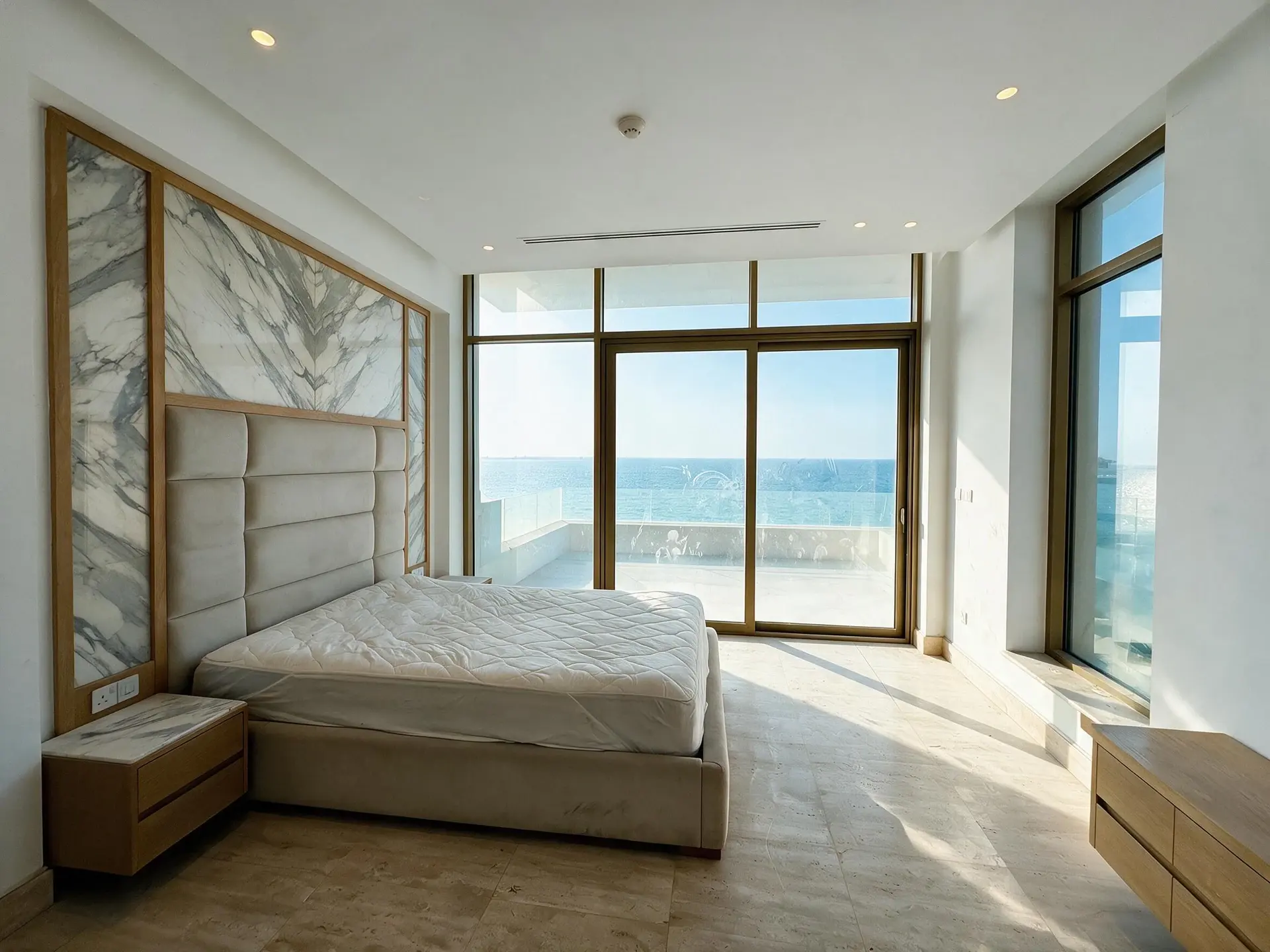 Before and after of the principal bedroom looking towards the glazing and the sea, a wide upholstered headboard wall, a terrace beyond the glass, one of ten frames from a single Palm Jumeirah villa shoot in Dubai.