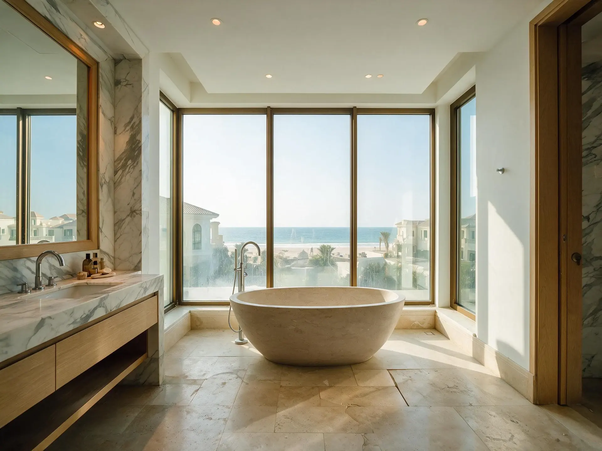 Before and after of the principal bathroom, a freestanding stone bath set in front of a full-height window, a marble vanity run on the left, one of ten frames from a single Palm Jumeirah villa shoot in Dubai.