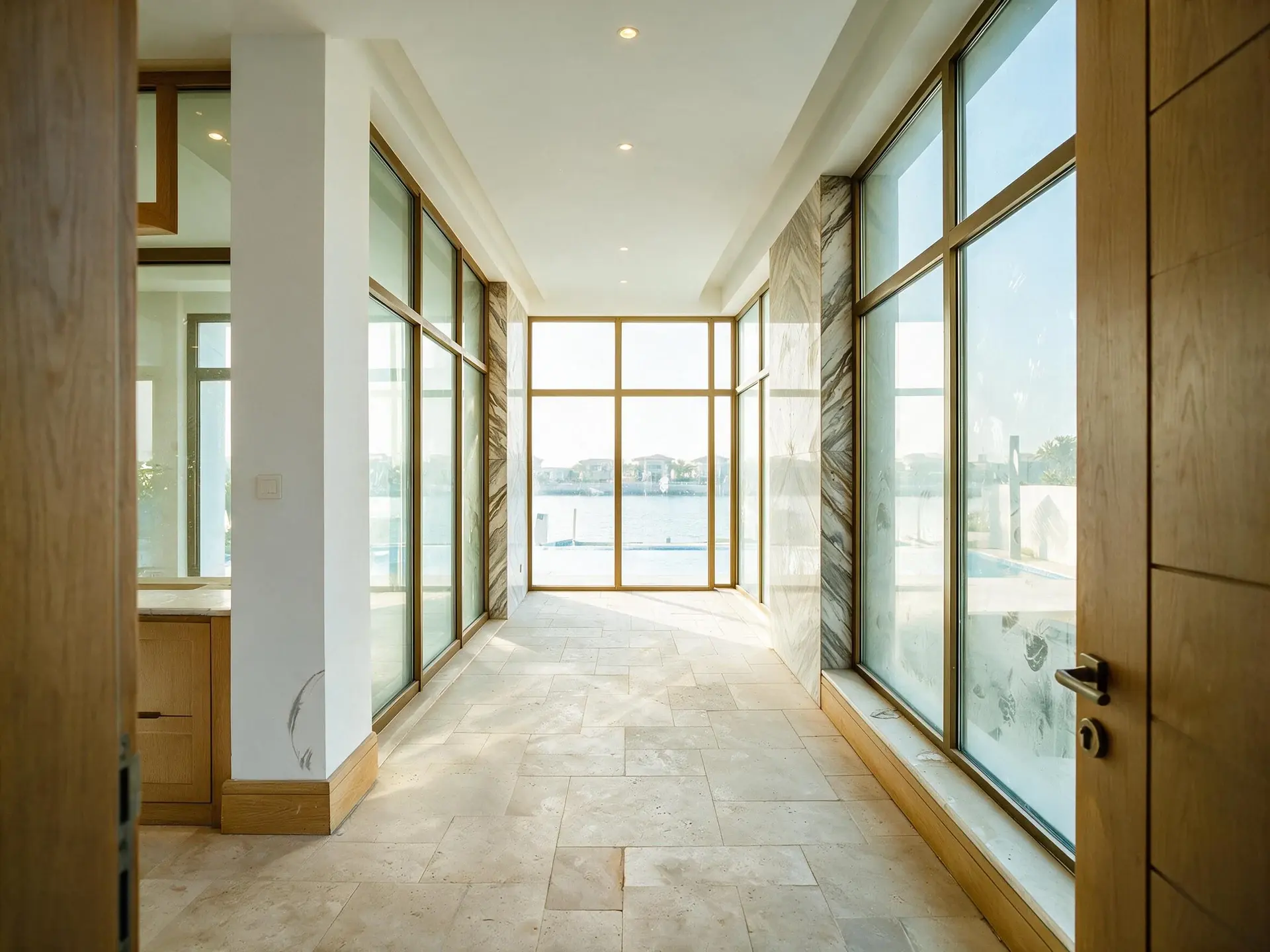 Before and after of the covered terrace from the living-room threshold, looking along the loggia to the pool and the water, one of ten frames from a single Palm Jumeirah villa shoot in Dubai.