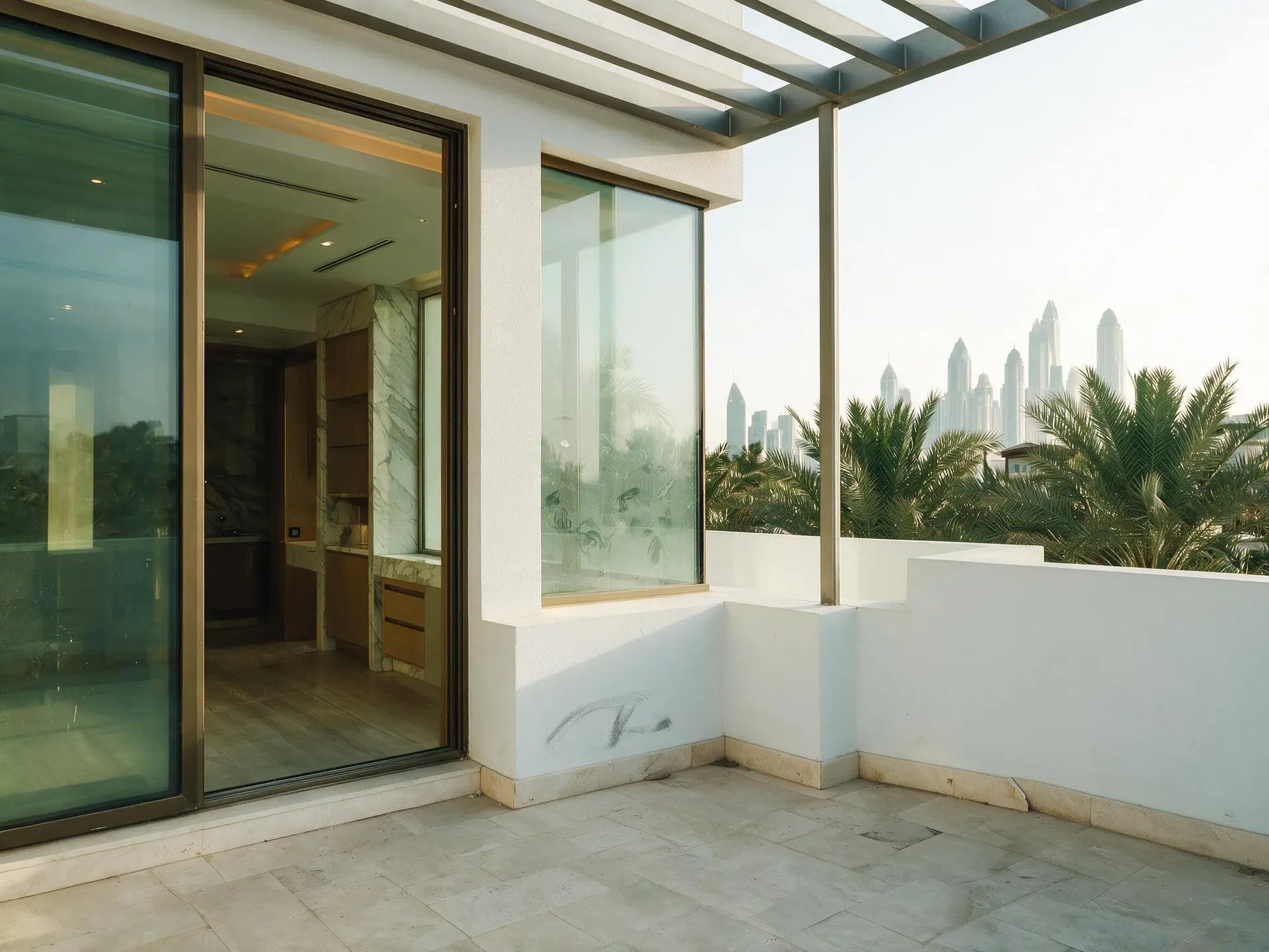 Before and after of the roof terrace looking back across the Palm fronds to the Dubai Marina skyline, a slim steel pergola overhead, one of ten frames from a single Palm Jumeirah villa shoot in Dubai.