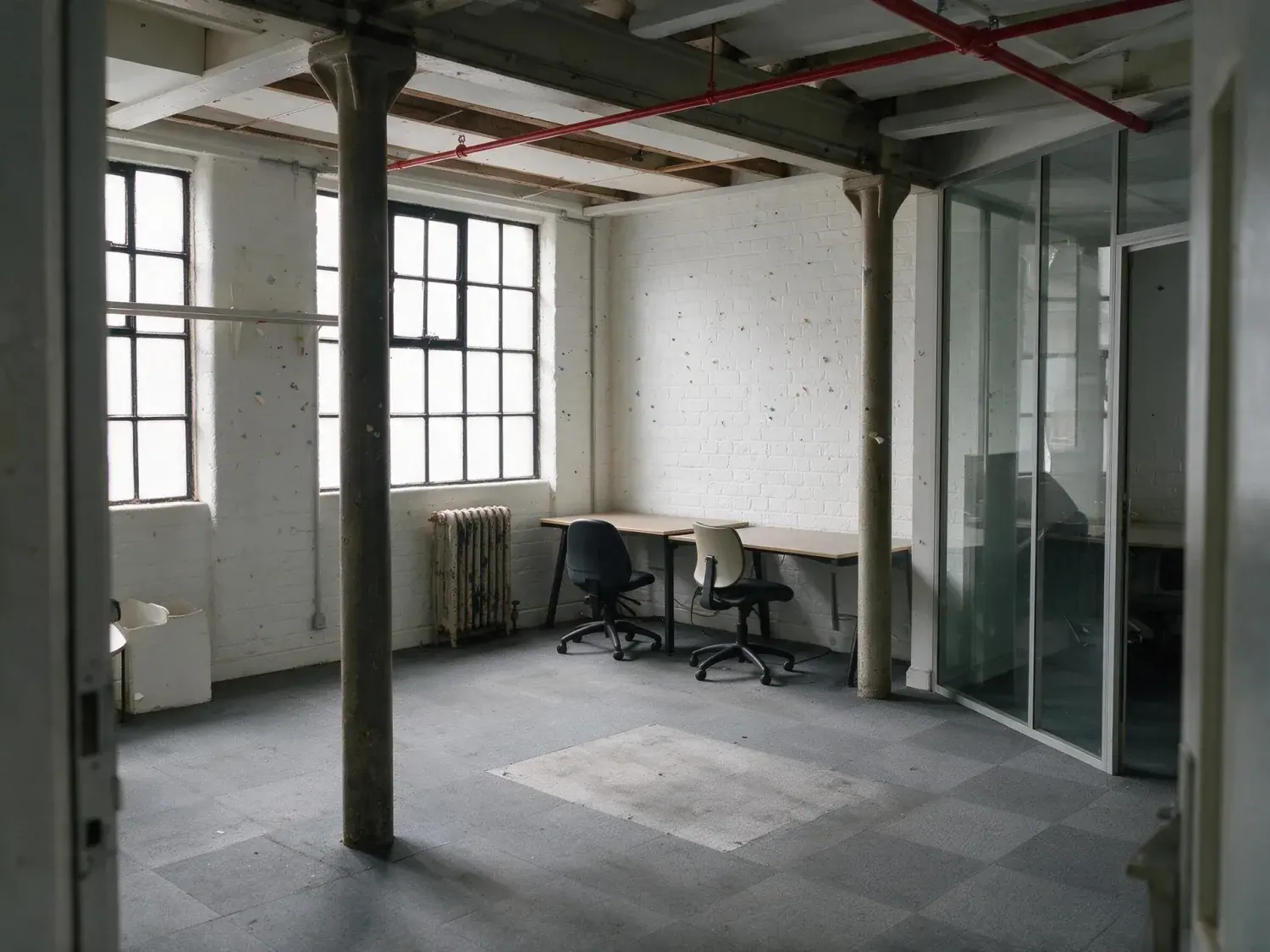 Before and after of a clerkenwell flex suite shot on hand-back day with the outgoing tenant's leftovers still standing in it — enhanced by Plotpane