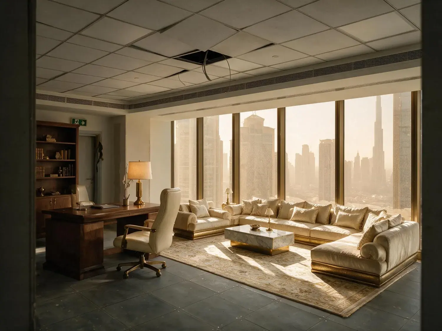 Before and after of an empty difc office suite shown furnished the way a tenant would actually fit it out — enhanced by Plotpane