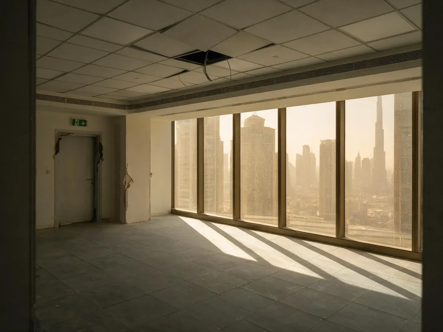 Before and after of an empty difc office suite shown furnished the way a tenant would actually fit it out — original listing photo before editing