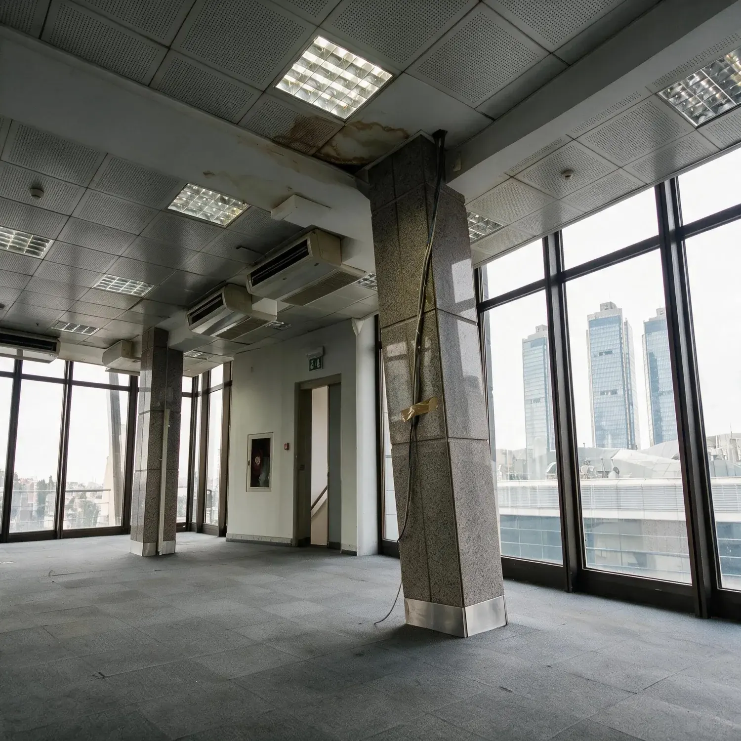 Before and after of a levent plaza floor photographed hand-held and tipped back, so every column and mullion leans in