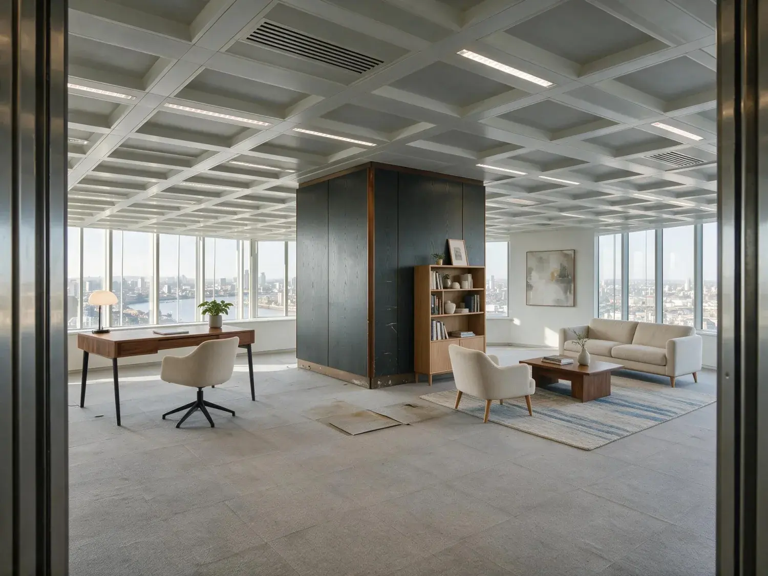 Before and after of a completely empty canary wharf office floorplate is staged as a working tenant fit-out, framing the existing thames view — enhanced by Plotpane