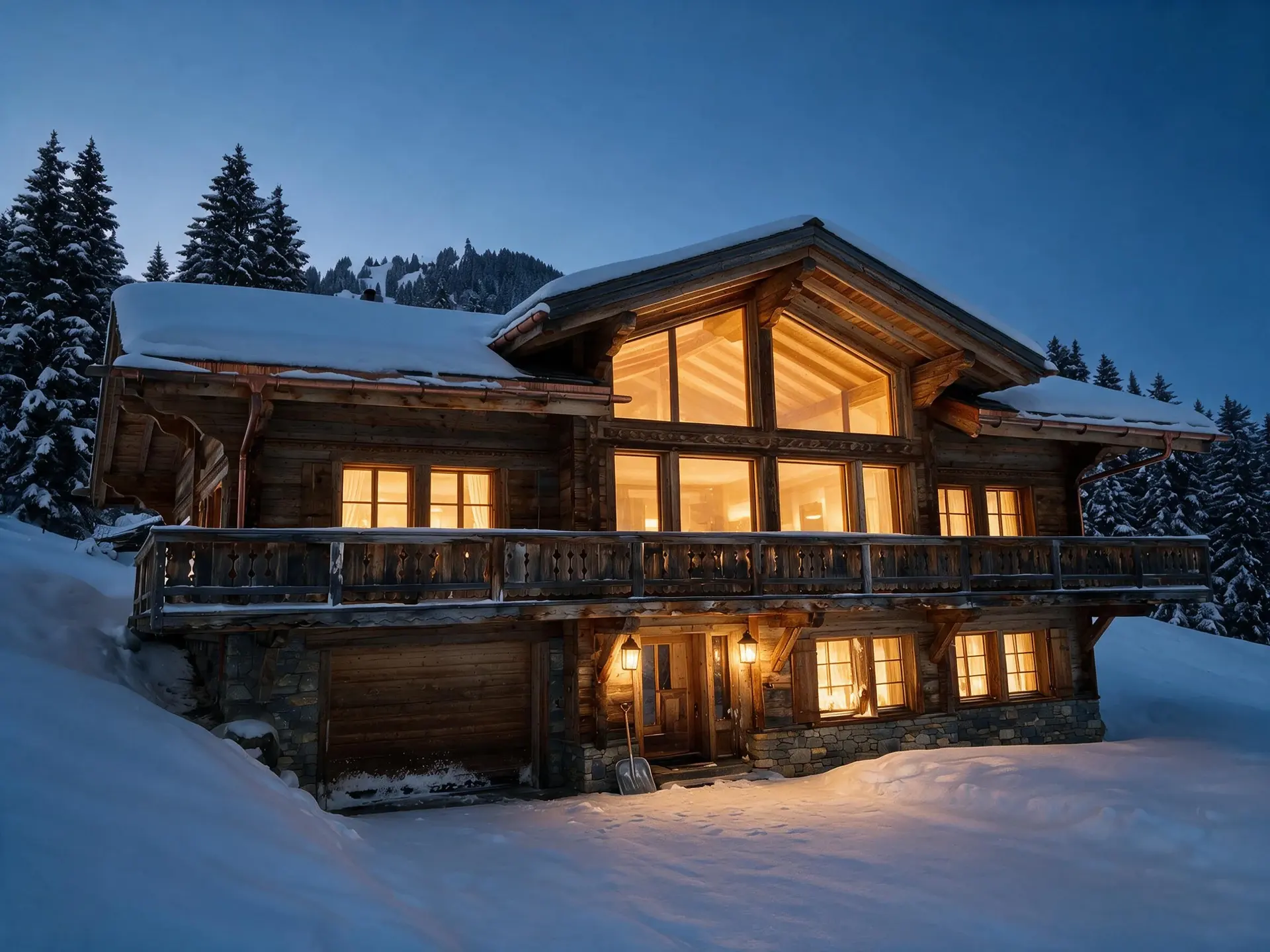 Before and after of a larch-clad Gstaad chalet in the Swiss Alps converted to blue-hour dusk. — enhanced by Plotpane