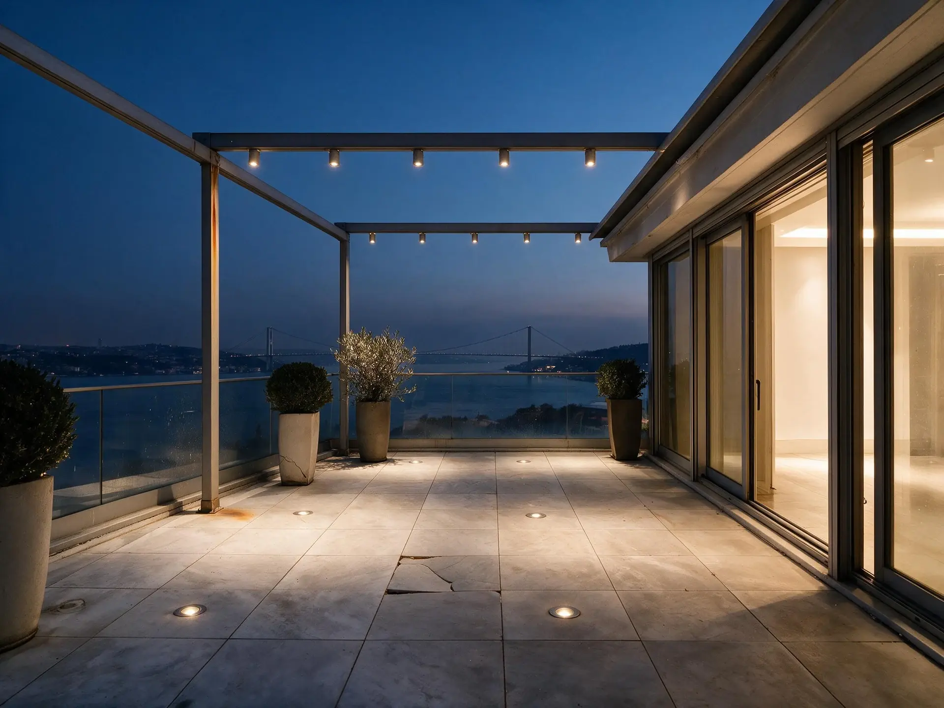 Before and after of a terrace residence overlooking the Bosphorus bridge in Istanbul converted to dusk. — enhanced by Plotpane
