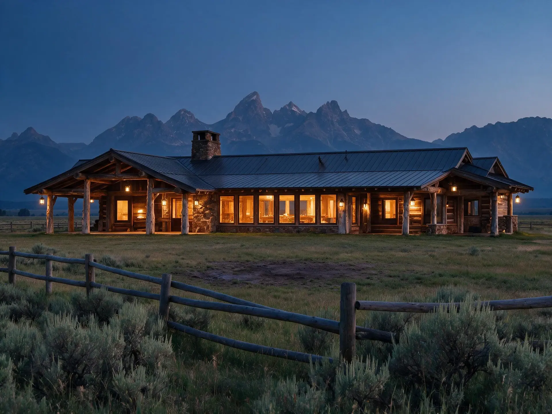 Before and after of a timber and stone ranch house facing the Tetons in Jackson Hole converted to dusk. — enhanced by Plotpane