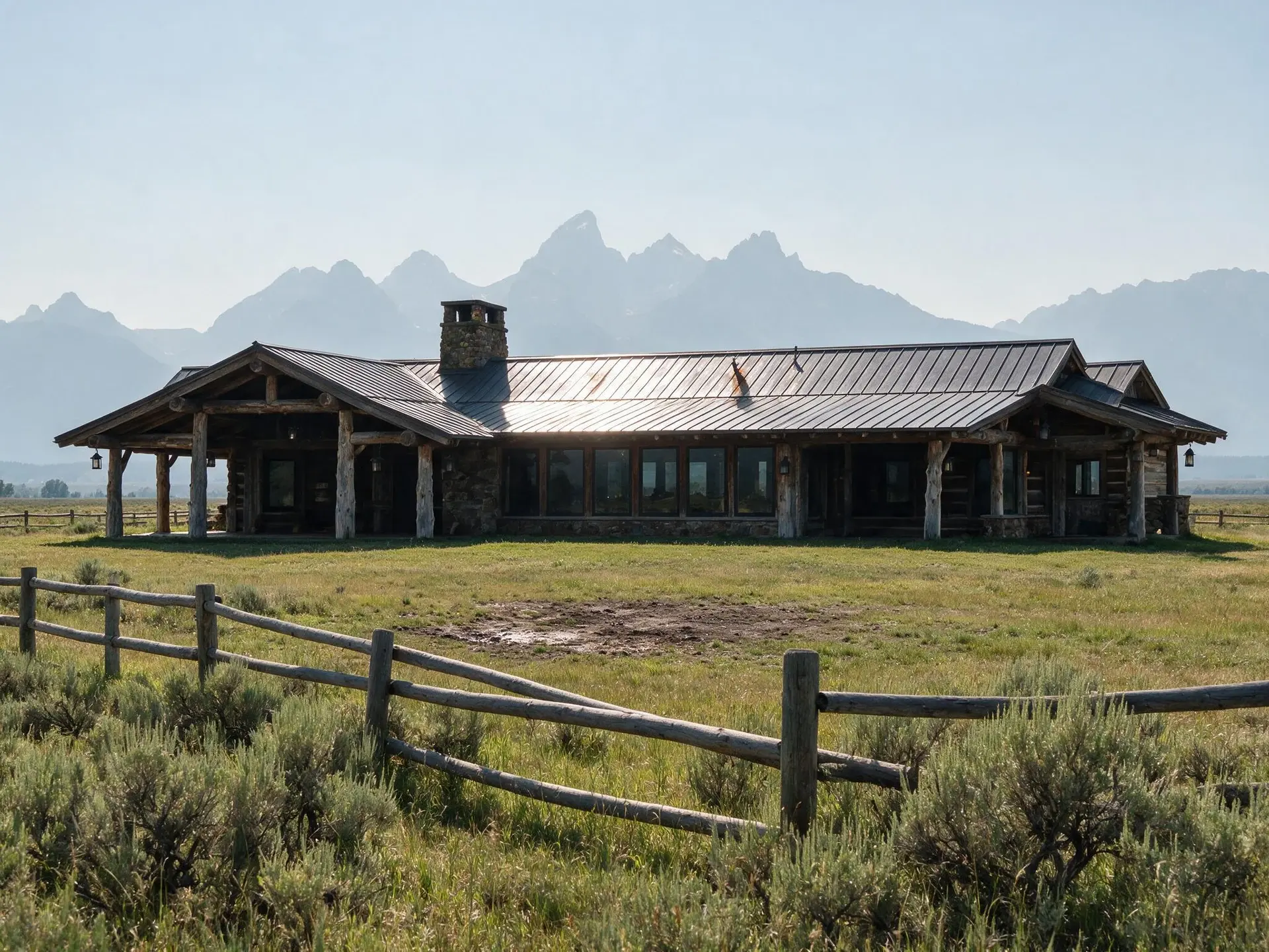 Before and after of a timber and stone ranch house facing the Tetons in Jackson Hole converted to dusk. — original listing photo before editing