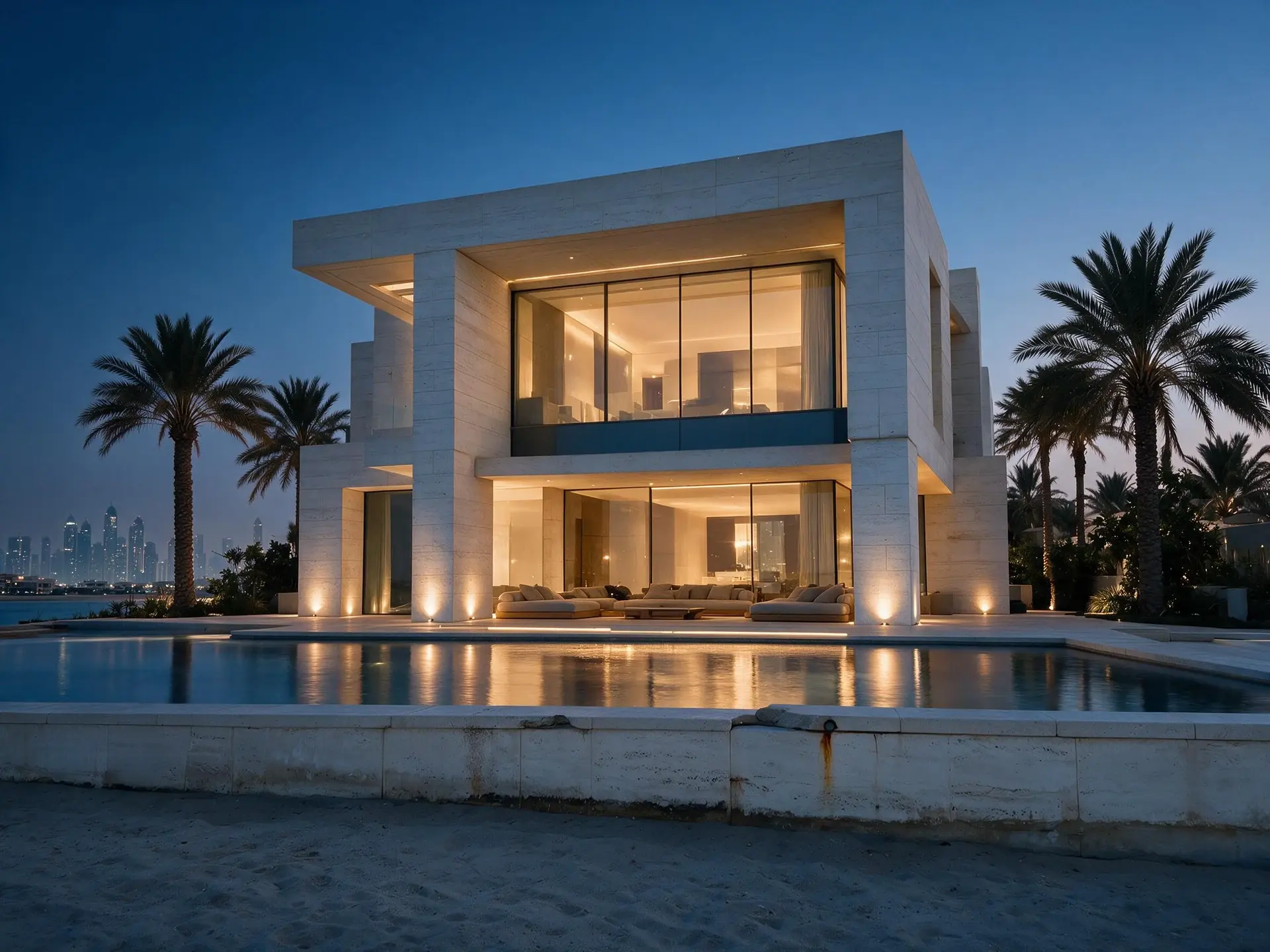 Before and after of a Palm Jumeirah beachfront villa and its infinity pool in Dubai at dusk. — enhanced by Plotpane
