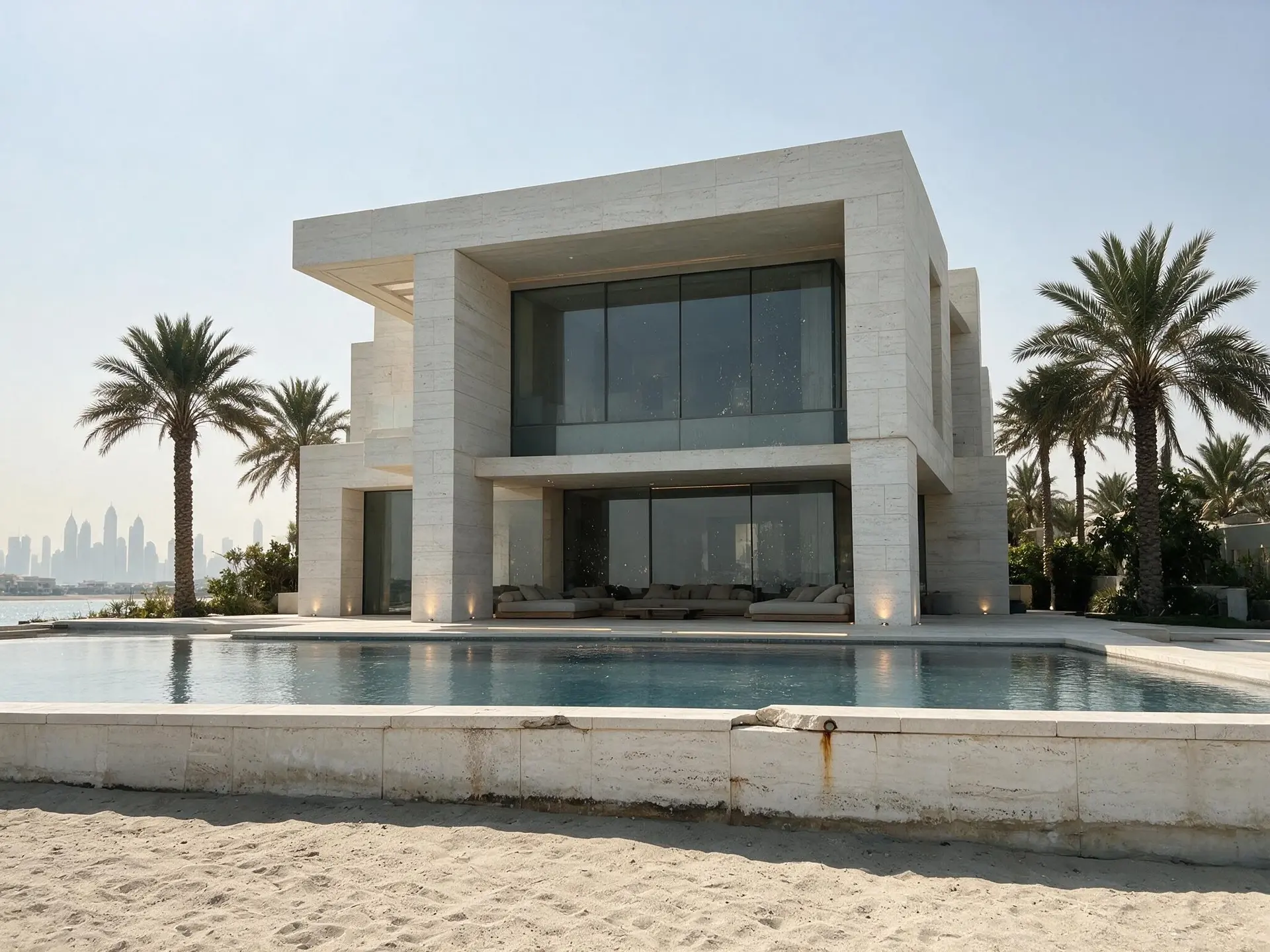 Before and after of a Palm Jumeirah beachfront villa and its infinity pool in Dubai at dusk. — original listing photo before editing