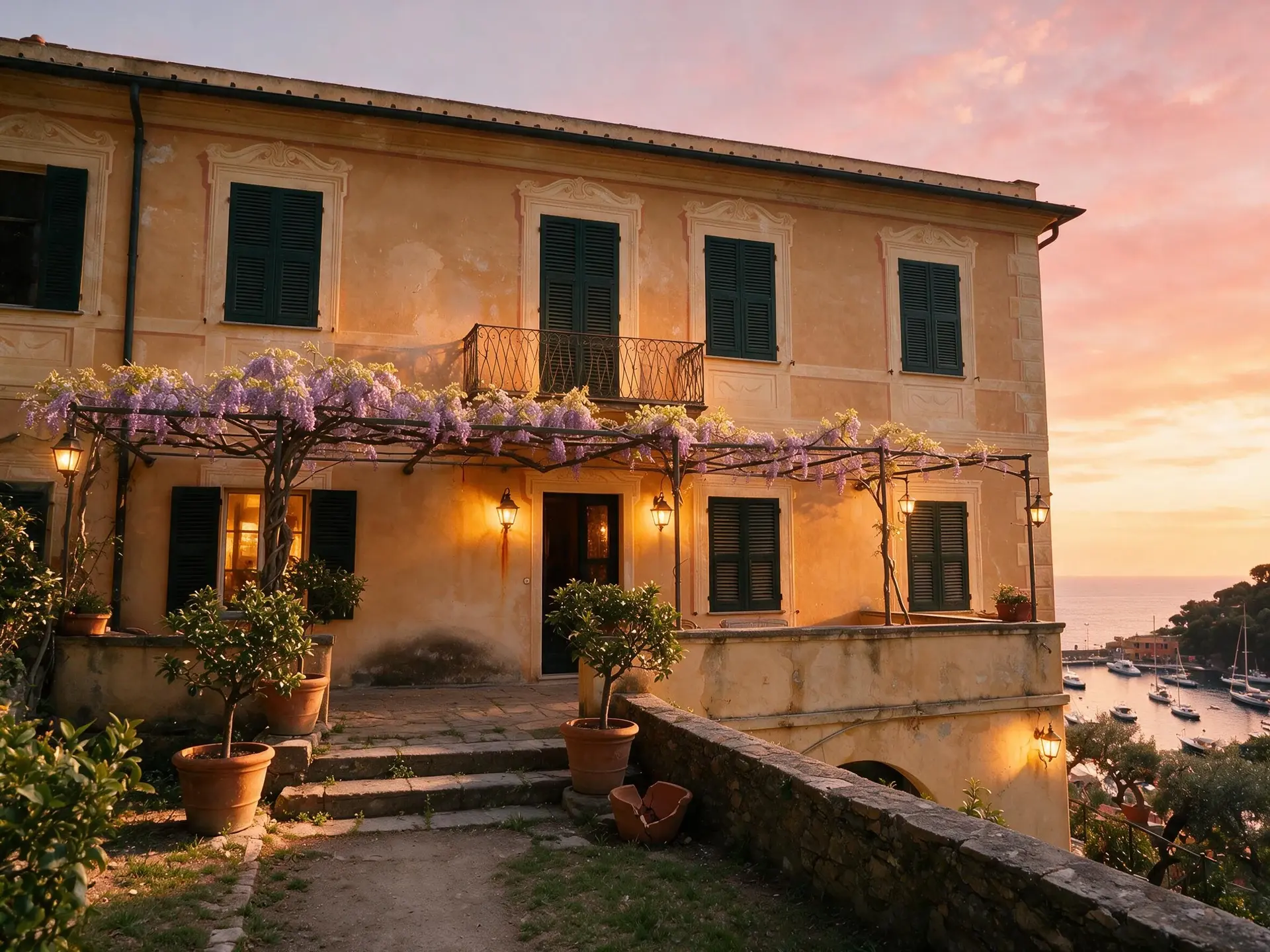 Before and after of a pastel harbour-view villa above Portofino converted from midday to dusk.