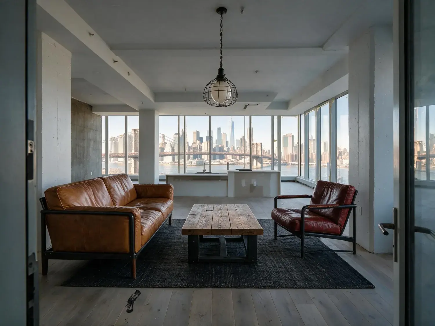 Before and after of a raw-concrete dumbo presales condo unit is renovated into a finished listing-ready residence, framing the existing bridge-and-skyline view — enhanced by Plotpane
