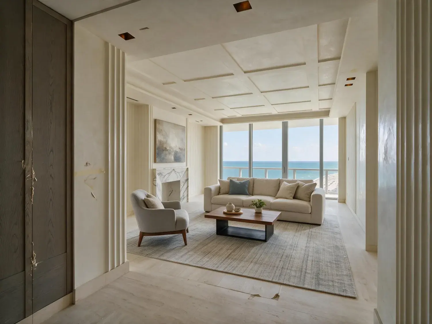 Before and after of an empty miami beach edition residences ocean-view condo is staged and finished as a branded-residence showcase, the existing atlantic kept pixel-for-pixel — enhanced by Plotpane