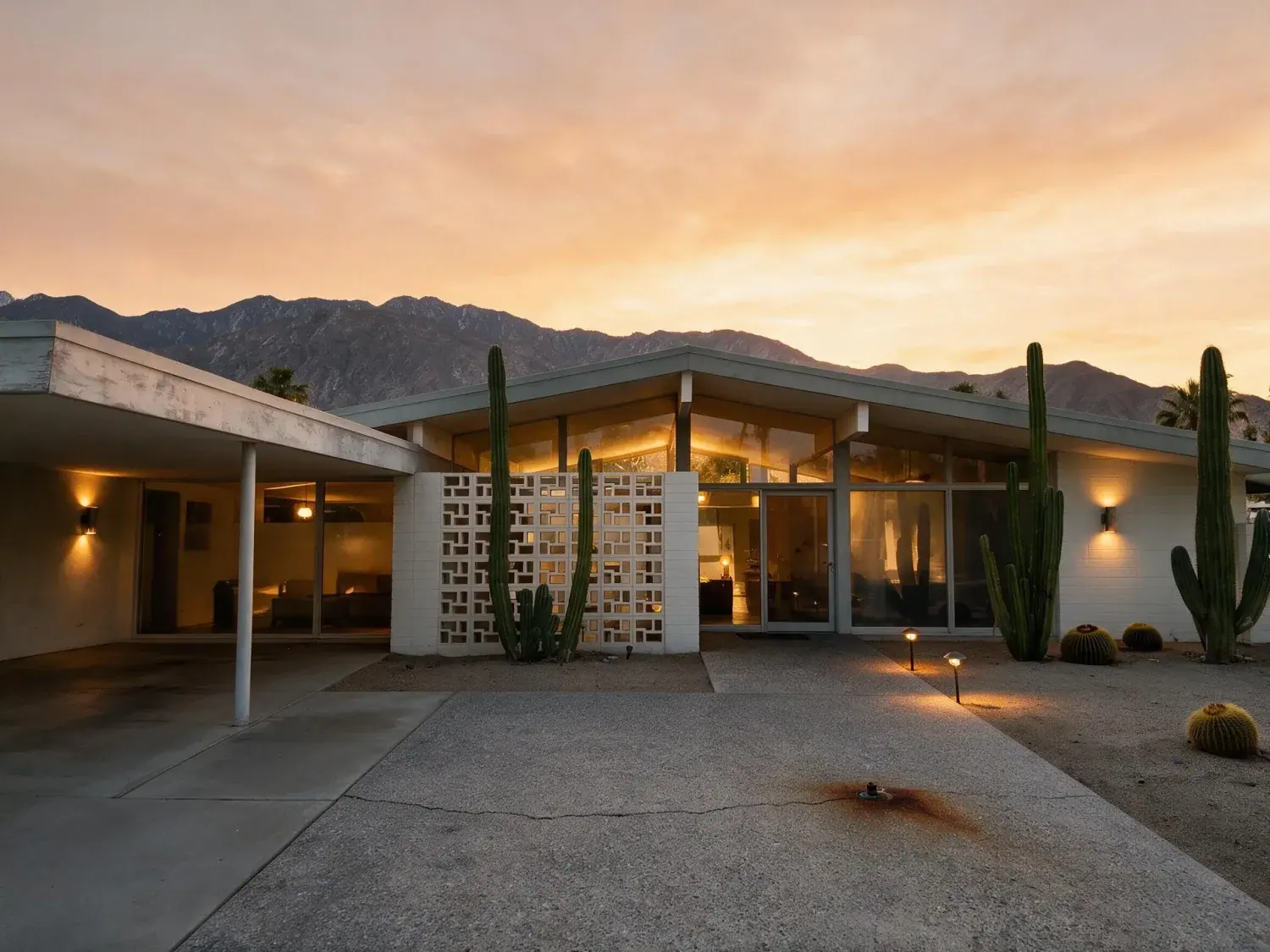 Before and after of a butterfly-roof palm springs desert modern home shifts from hot flat midday to an iconic magenta-mountain twilight — enhanced by Plotpane