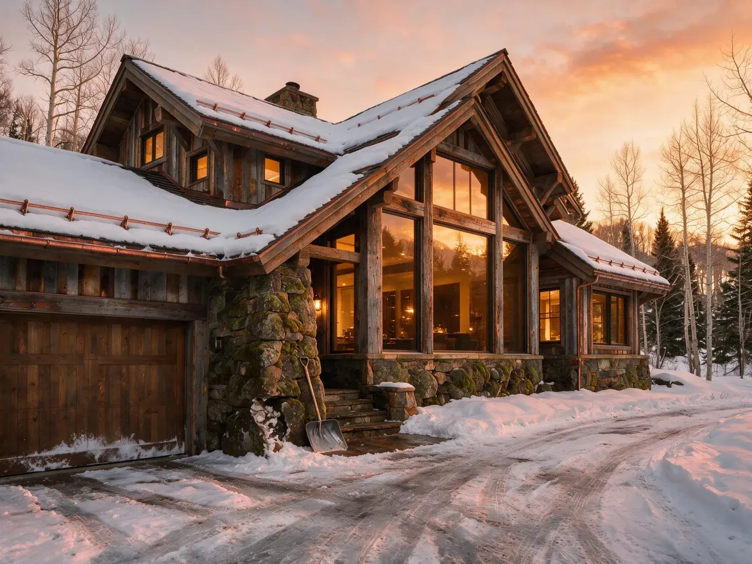Before and after of a reclaimed-timber aspen chalet against snowy peaks, flipped from flat daylight to a glowing après-ski golden twilight — enhanced by Plotpane