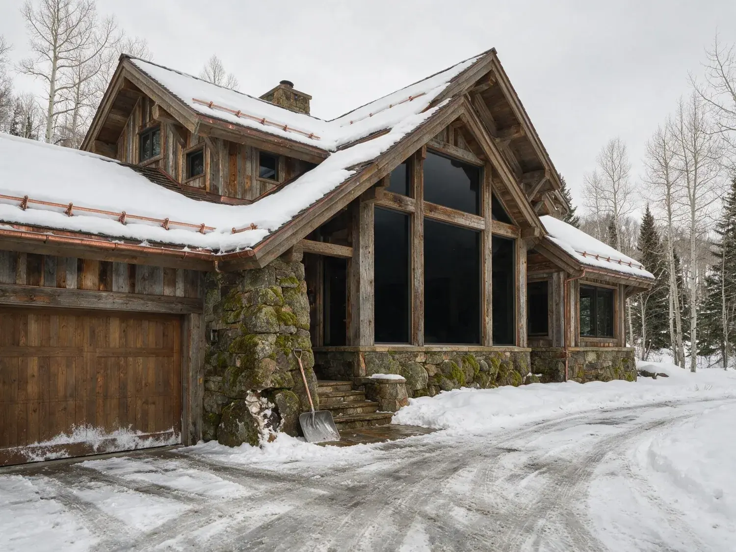 Before and after of a reclaimed-timber aspen chalet against snowy peaks, flipped from flat daylight to a glowing après-ski golden twilight — original listing photo before editing