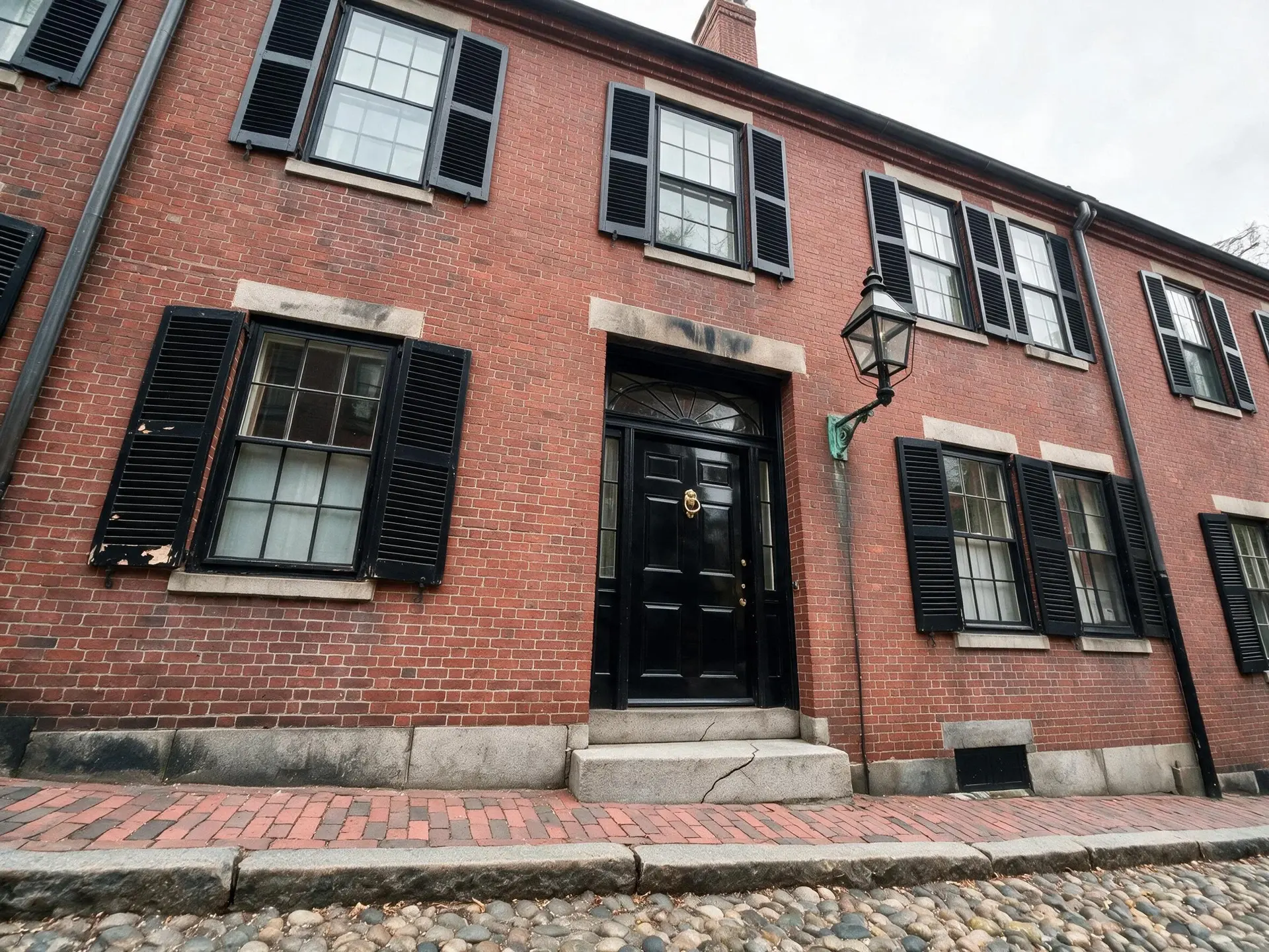 Before and after of a four-story beacon hill federal townhouse, its leaning phone-shot verticals corrected into a stately symmetrical portrait — enhanced by Plotpane