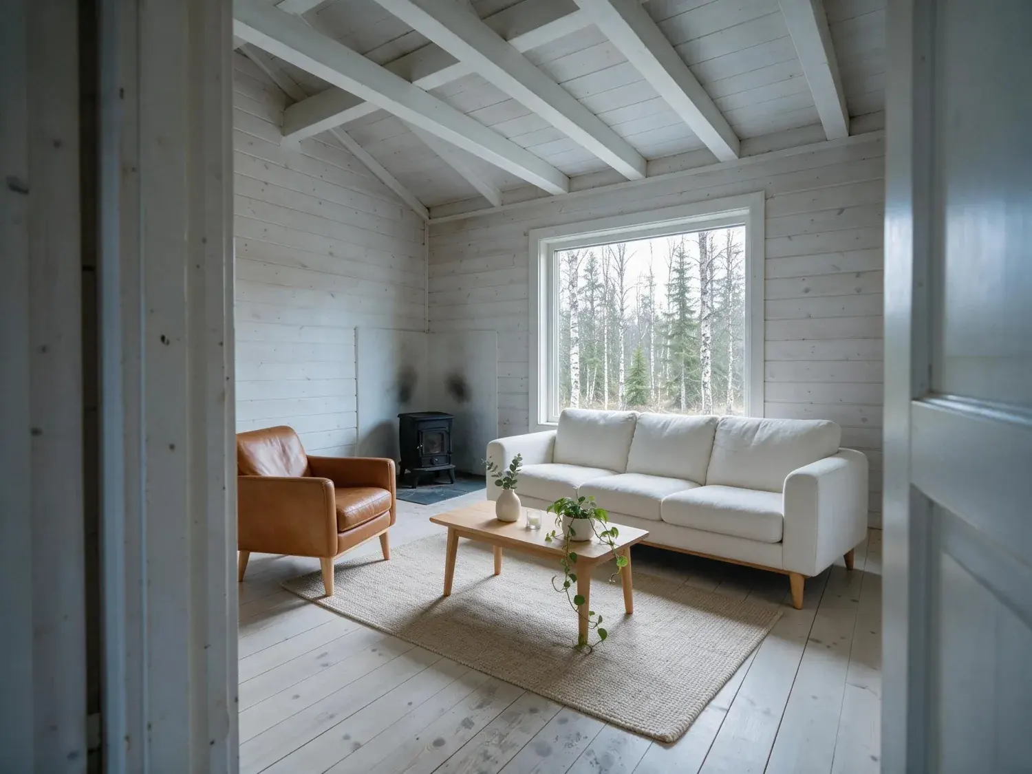 Before and after of a blackened-larch scandinavian cabin interior, a blank pale-wood shell transformed into a serene nordic retreat — enhanced by Plotpane