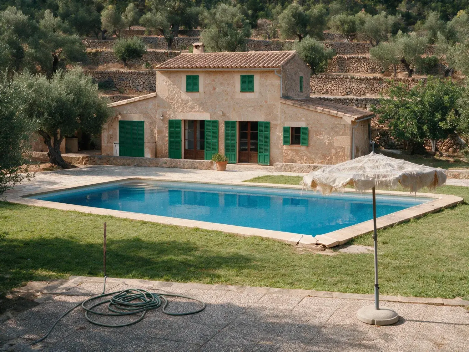 Before and after of a mallorcan finca whose burnt lawn and clouded pool water are brought back within their existing boundaries