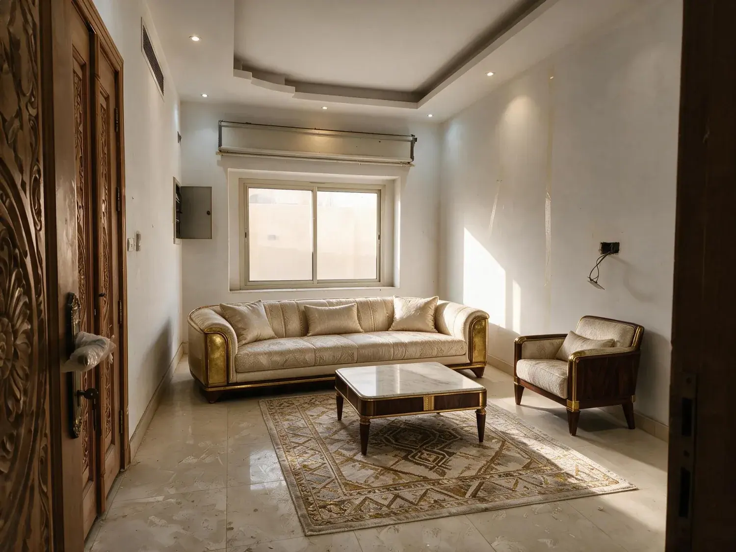 Before and after of an empty majlis in a just-handed-over riyadh villa, furnished so a buyer can see how the room takes seating — enhanced by Plotpane