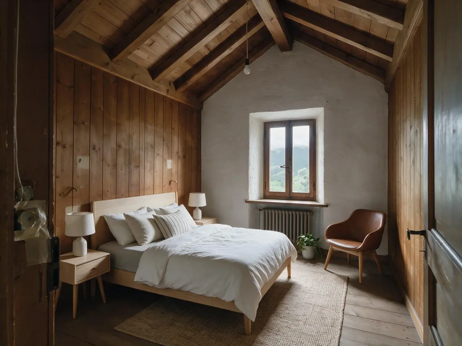 Before and after of a ski lodge guest bedroom emptied for the off-season refit, photographed before any furniture goes back into it — enhanced by Plotpane