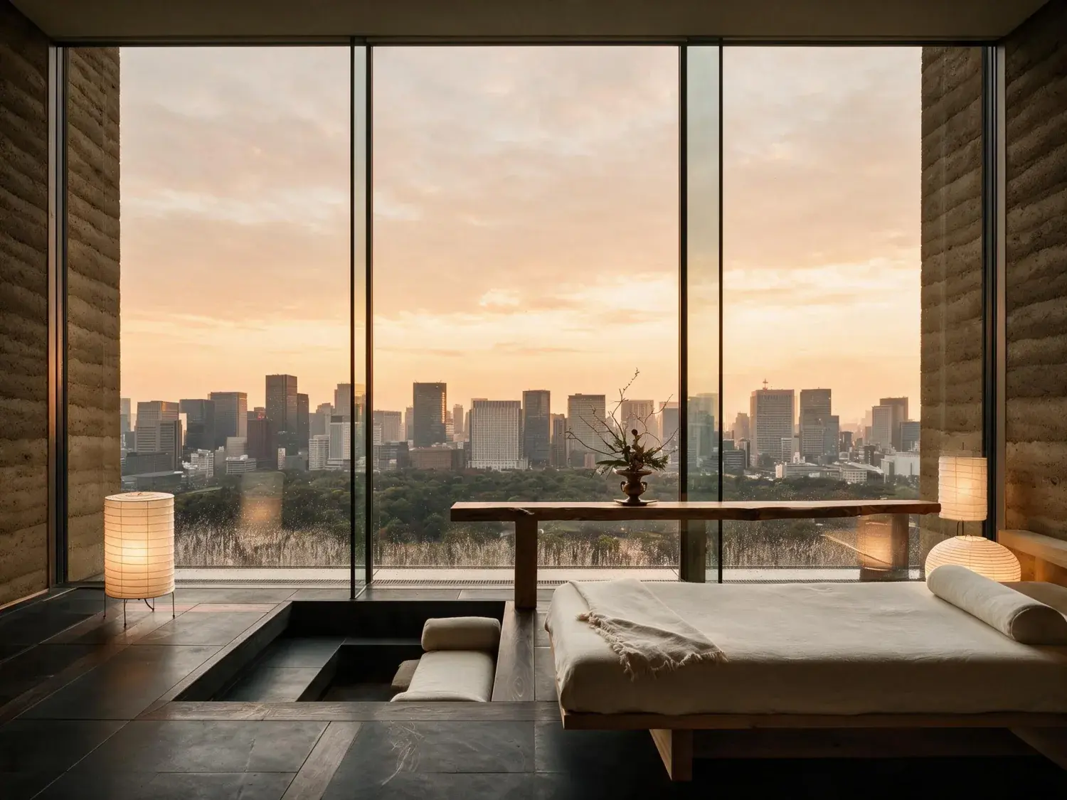 Before and after of a 33rd-floor aman tokyo suite window pivots from a grey rainy marunouchi midday to a molten golden-hour skyline portrait — enhanced by Plotpane