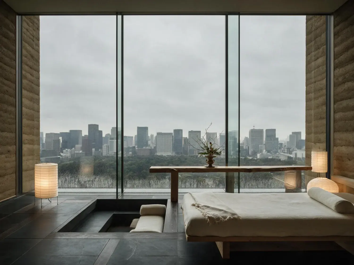 Before and after of a 33rd-floor aman tokyo suite window pivots from a grey rainy marunouchi midday to a molten golden-hour skyline portrait — original listing photo before editing
