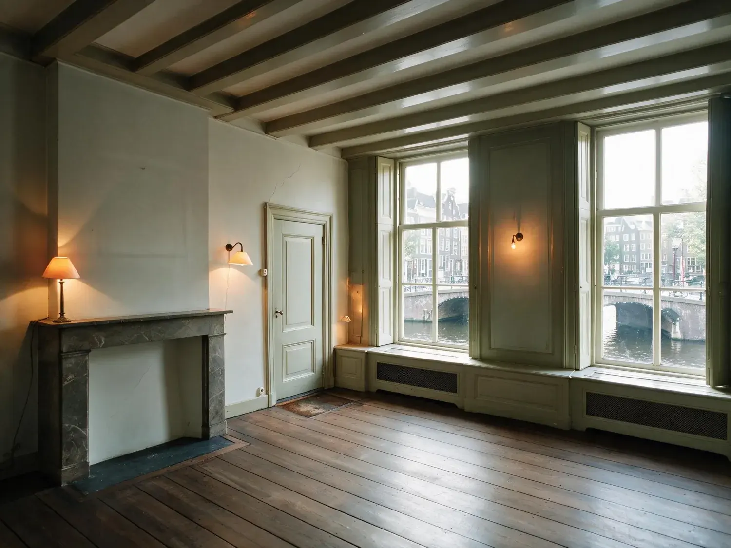 Before and after of an Amsterdam canal house bel-étage, dim with the canal window burnt out. — enhanced by Plotpane