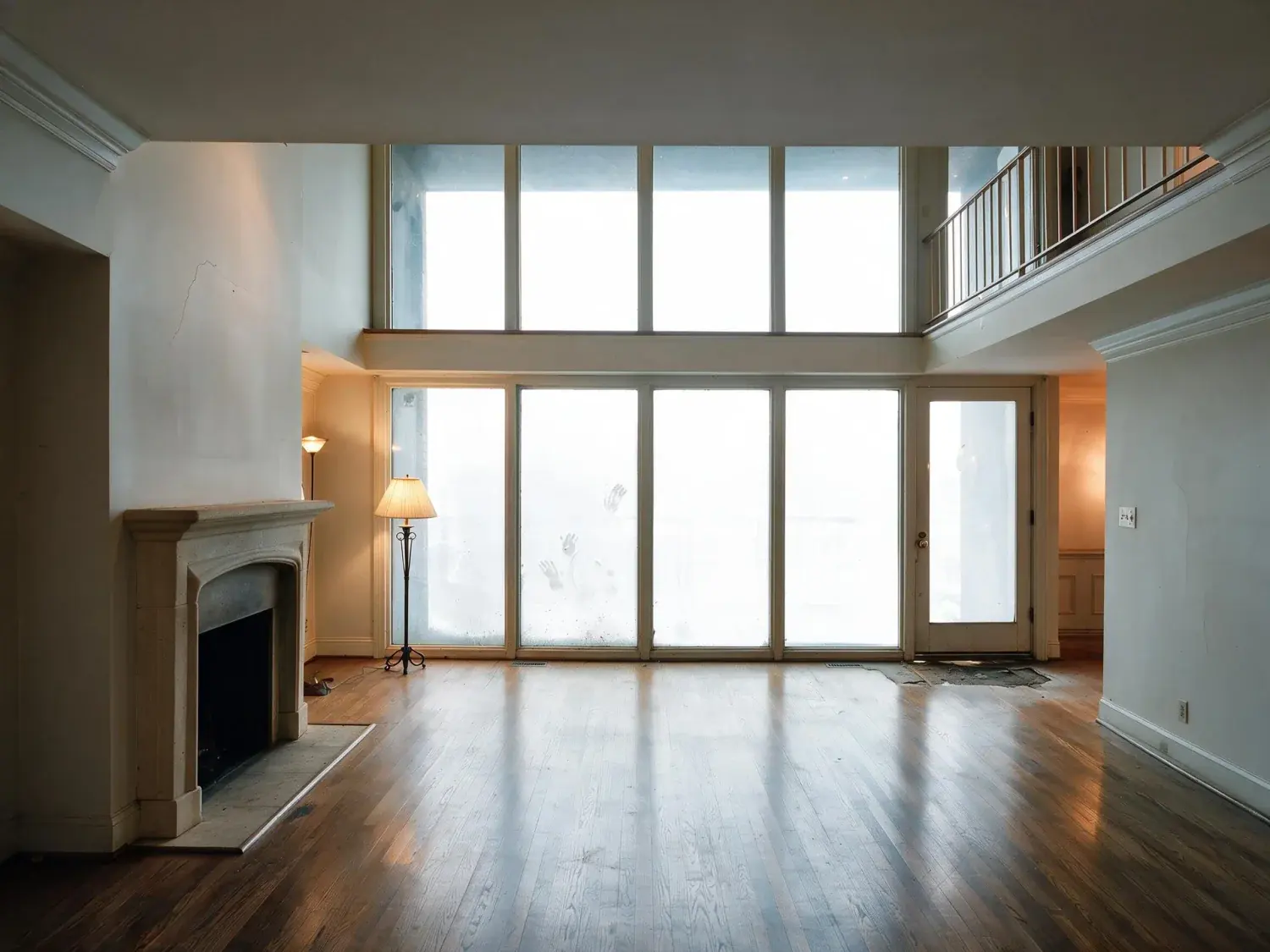 Before and after of a Buckhead townhouse great room, dark with the two-storey glass burnt out. — enhanced by Plotpane