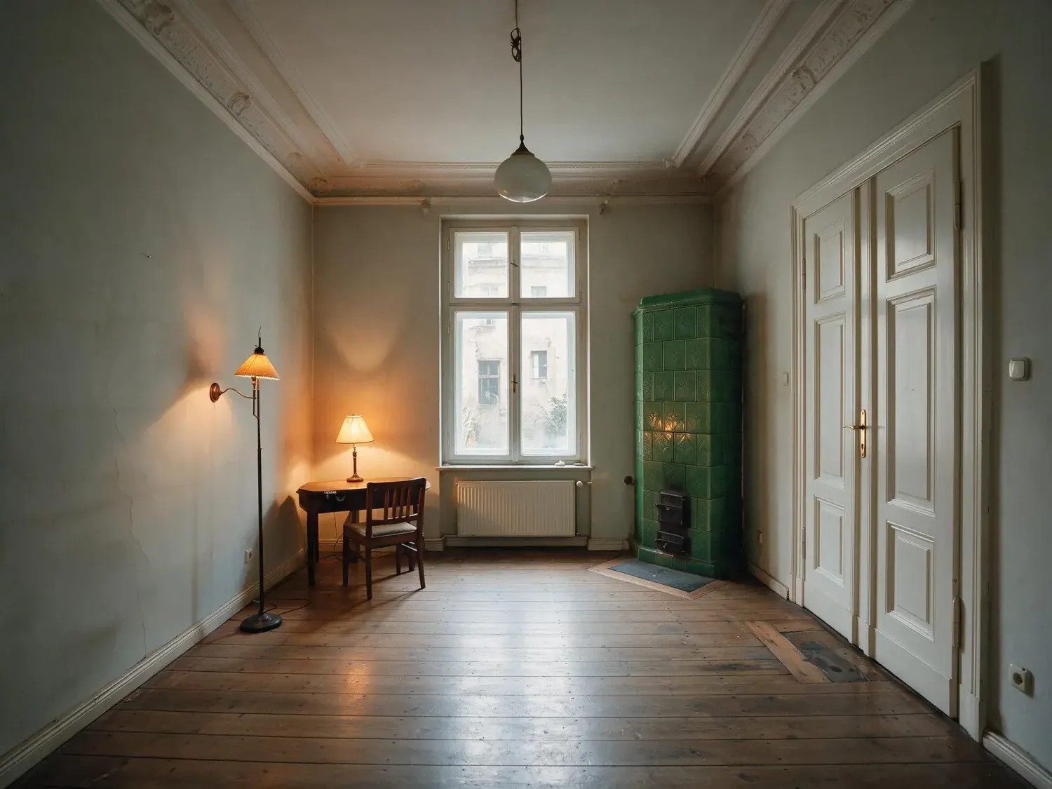 Before and after of a Prenzlauer Berg Altbau salon, dim under grey Berlin cloud with the courtyard window blown out.