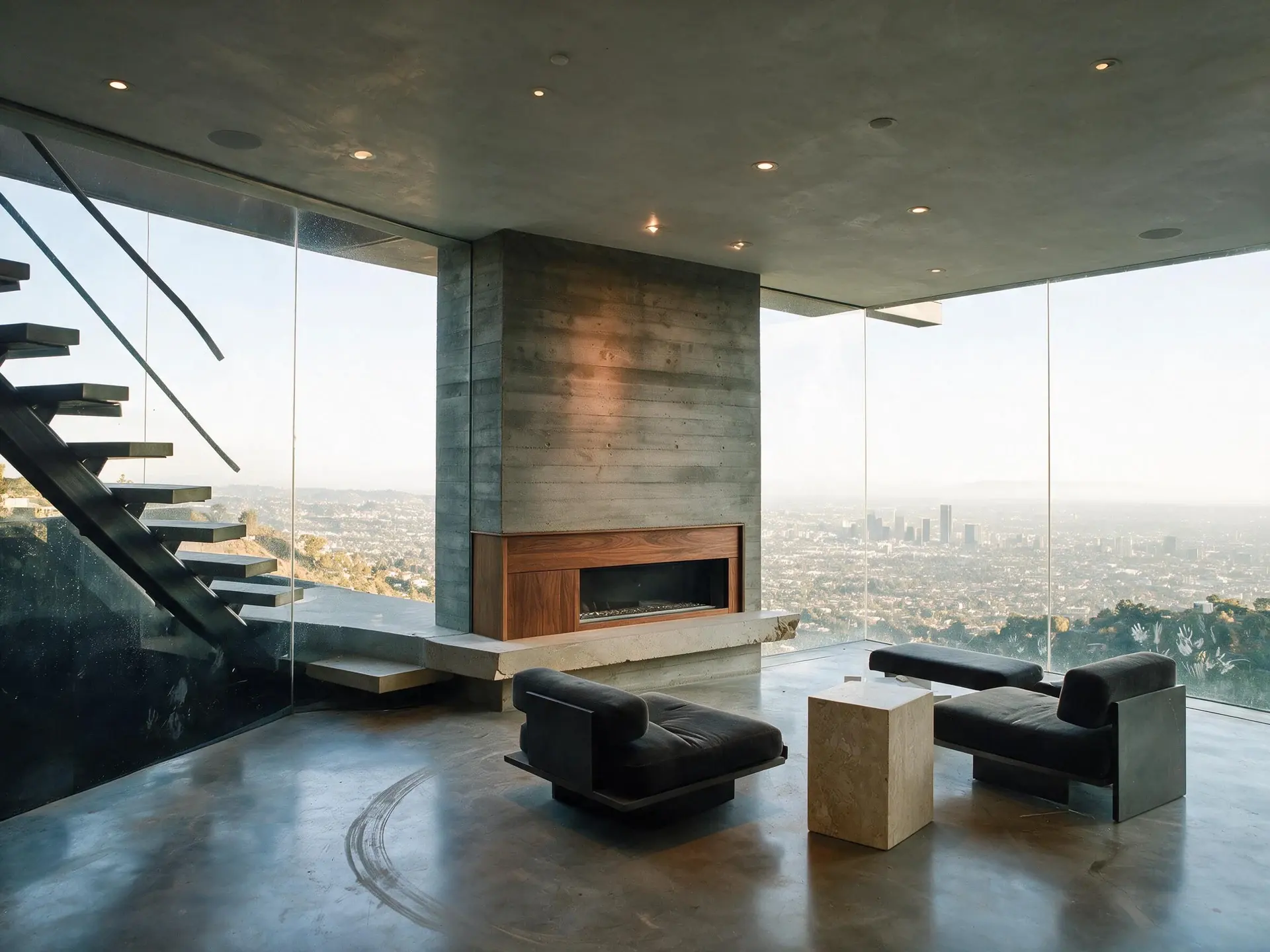 Before and after of a cantilevered glass house living room over the Los Angeles basin. — enhanced by Plotpane