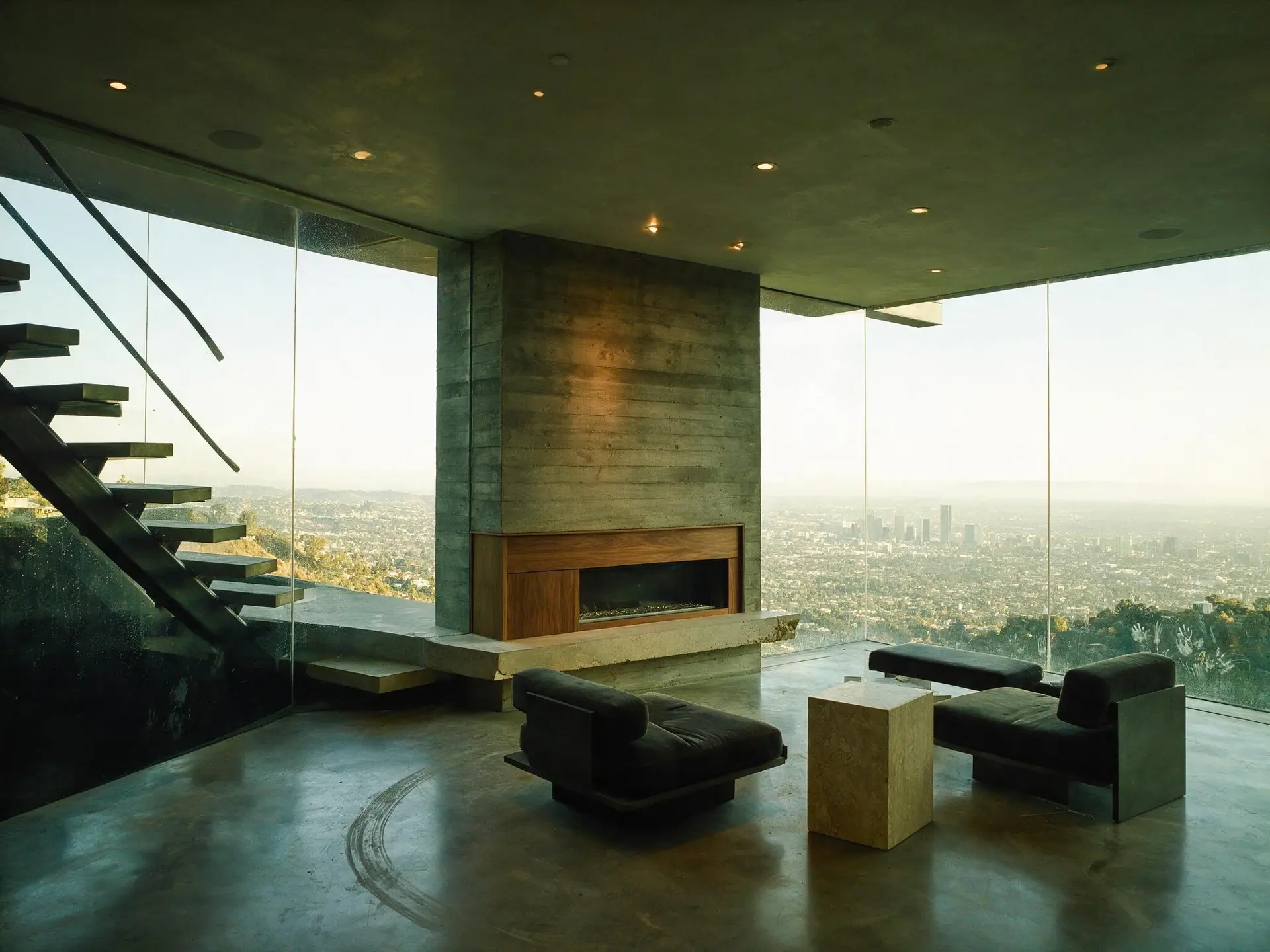 Before and after of a cantilevered glass house living room over the Los Angeles basin. — original listing photo before editing