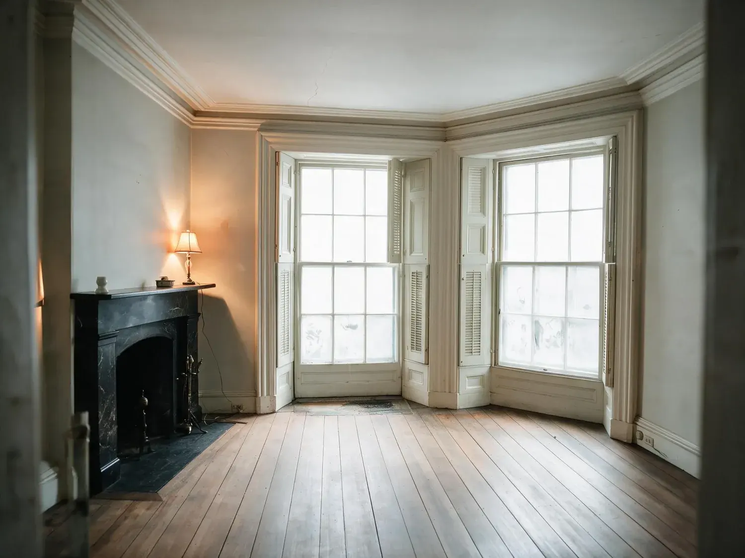 Before and after of a Back Bay brownstone parlour, dim with the street window blown out. — enhanced by Plotpane