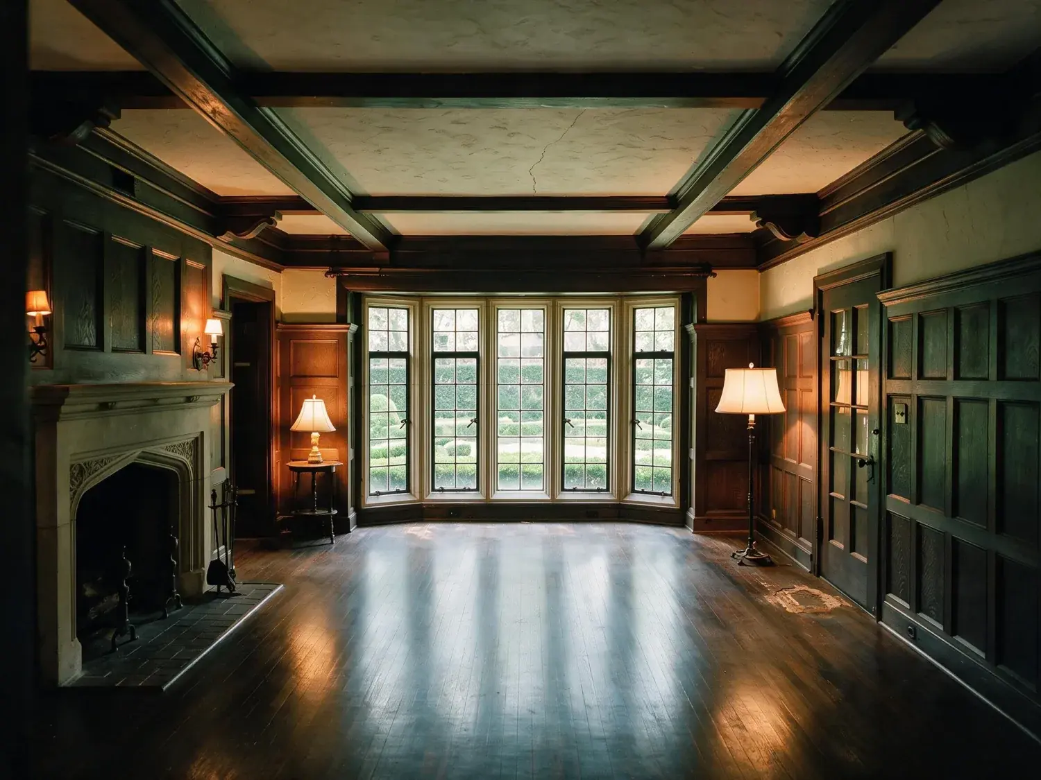 Before and after of a Highland Park Tudor room, dark with the leaded windows overexposed. — enhanced by Plotpane