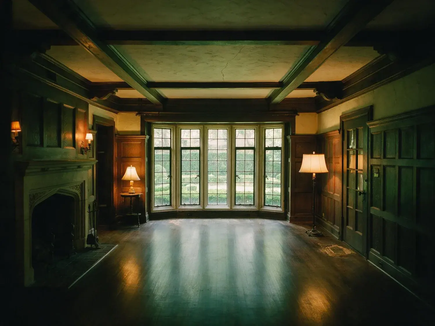 Before and after of a Highland Park Tudor room, dark with the leaded windows overexposed. — original listing photo before editing