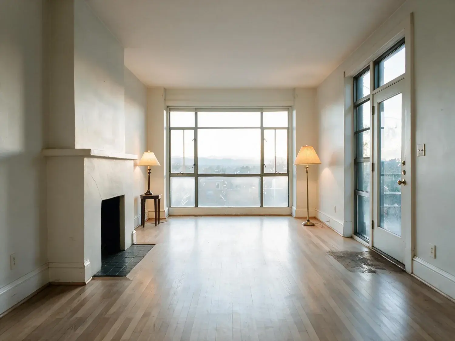 Before and after of a Cherry Creek row house, flat and dim with the window overexposed. — enhanced by Plotpane