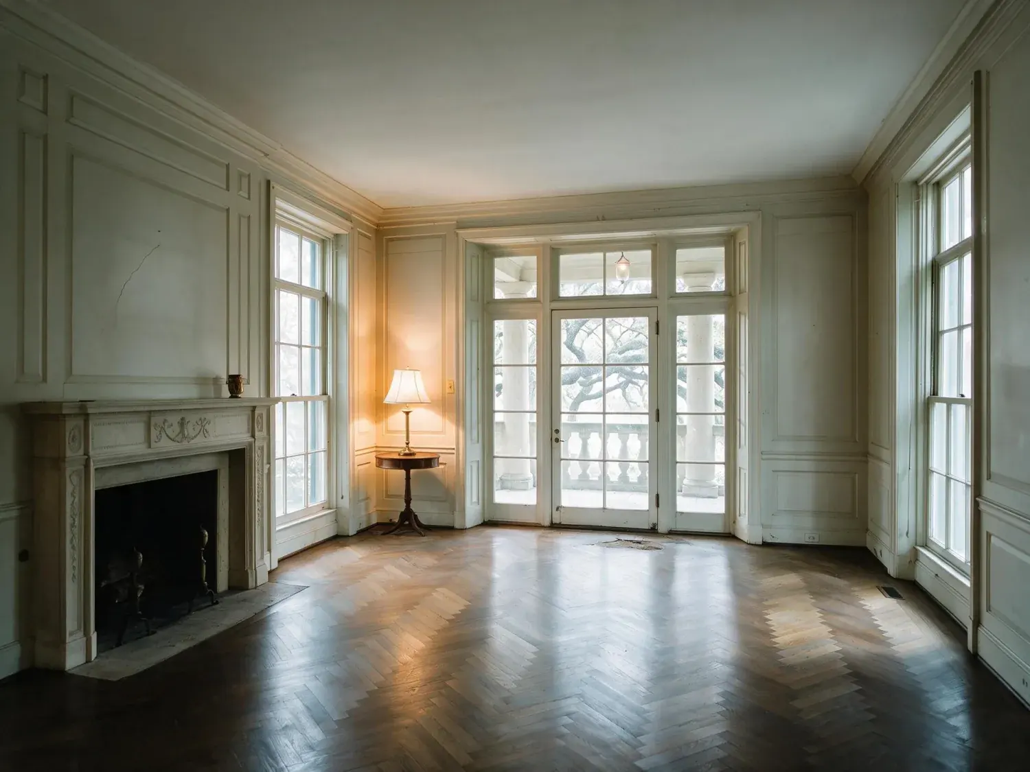 Before and after of a River Oaks living room, dim with the loggia doors blown out. — enhanced by Plotpane