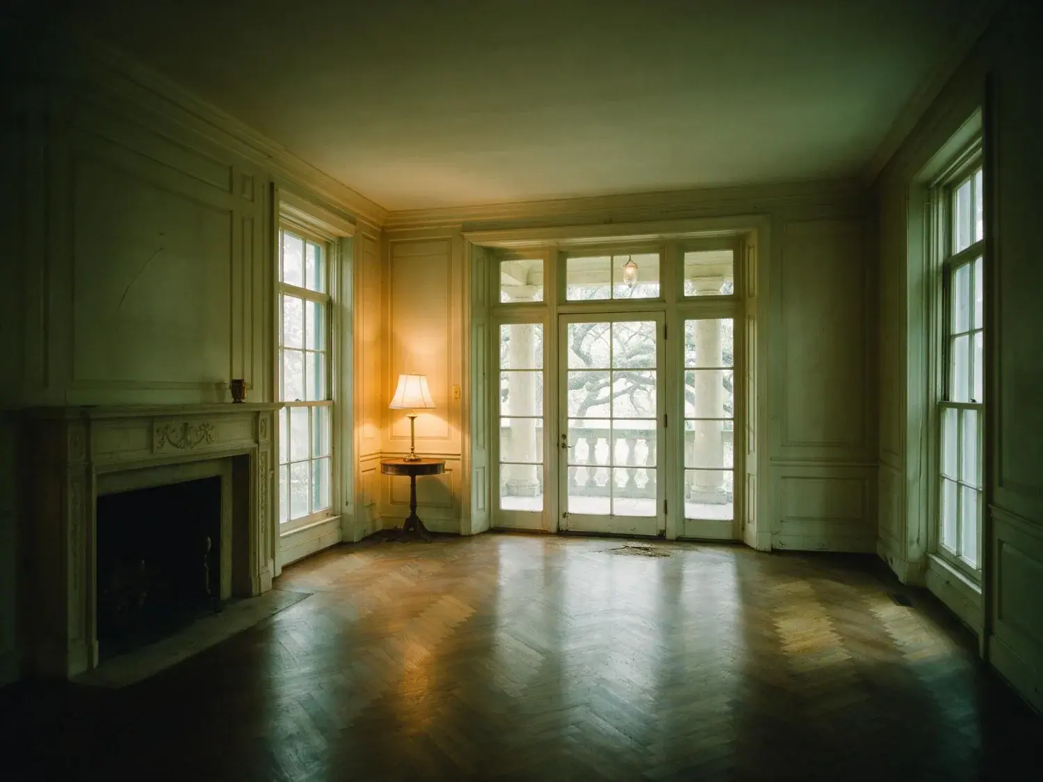Before and after of a River Oaks living room, dim with the loggia doors blown out. — original listing photo before editing