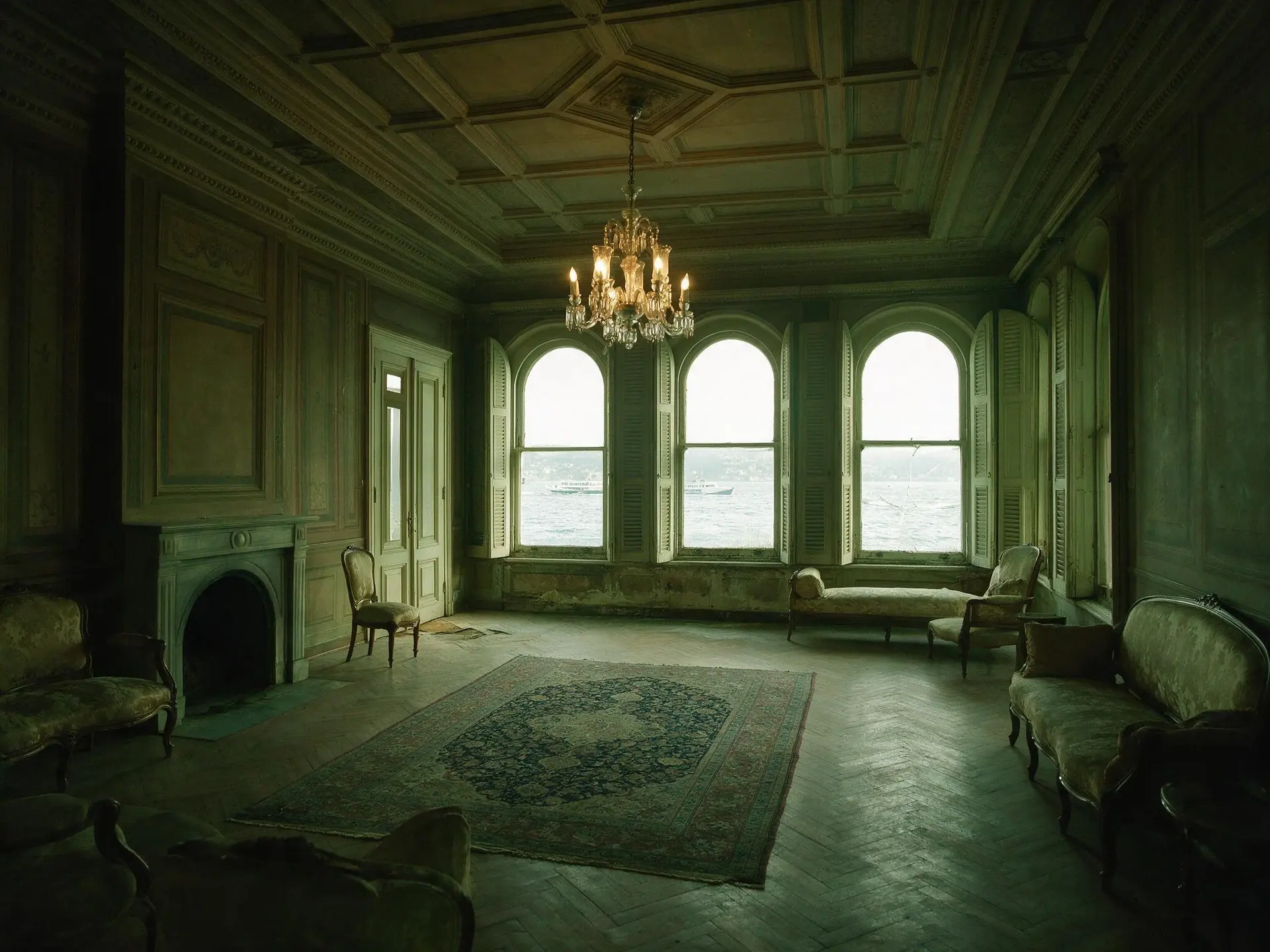 Before and after of a waterfront yali salon on the Bosphorus at Bebek, Istanbul. — original listing photo before editing