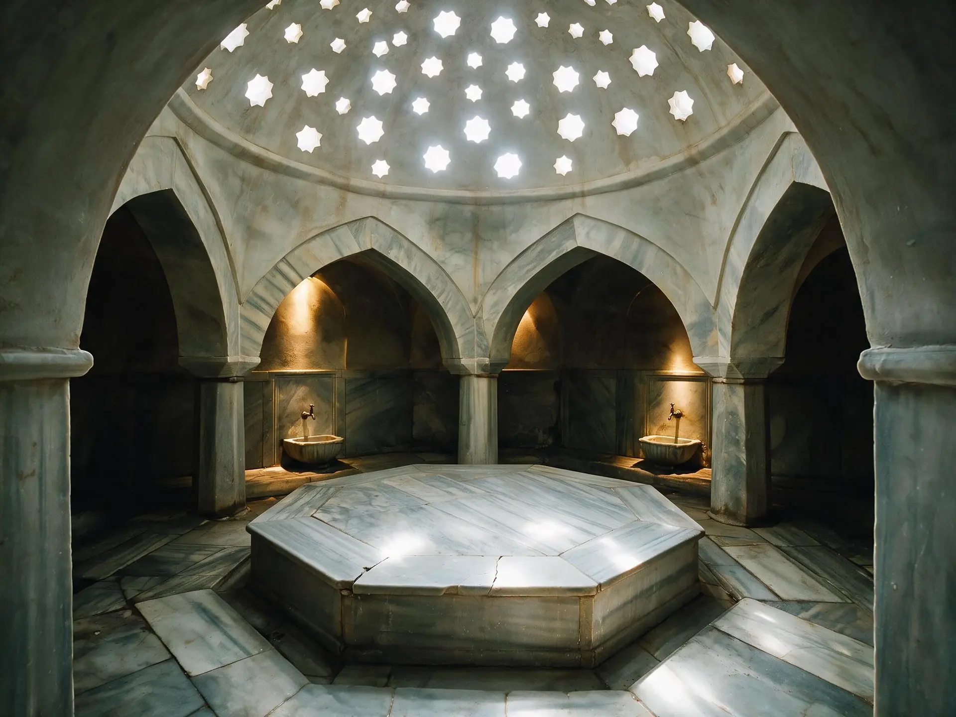 Before and after of an Ottoman hamam hotel spa in Istanbul, exposure and colour corrected.