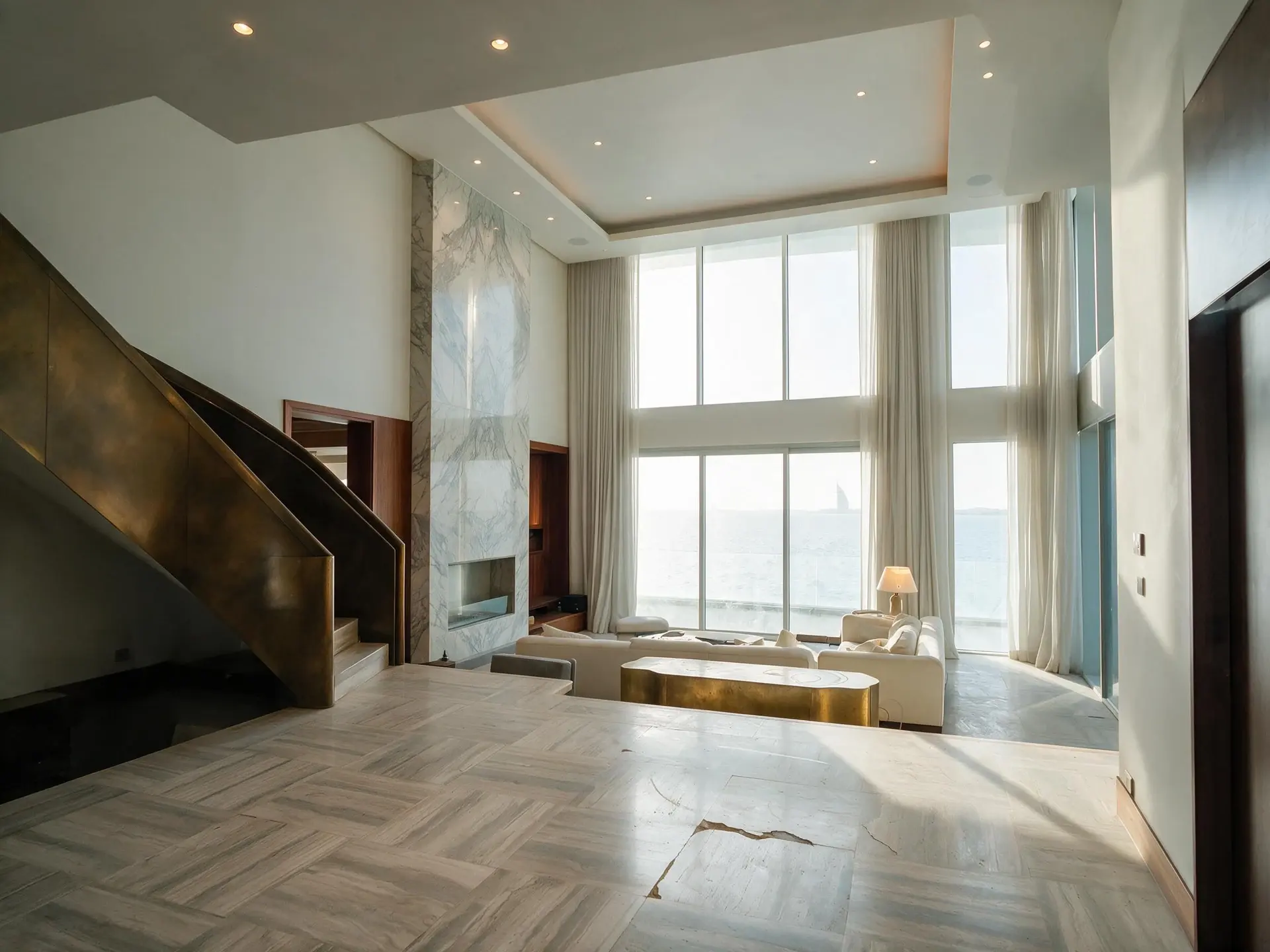 Before and after of a Jumeira Bay Island waterfront mansion living room in Dubai. — enhanced by Plotpane