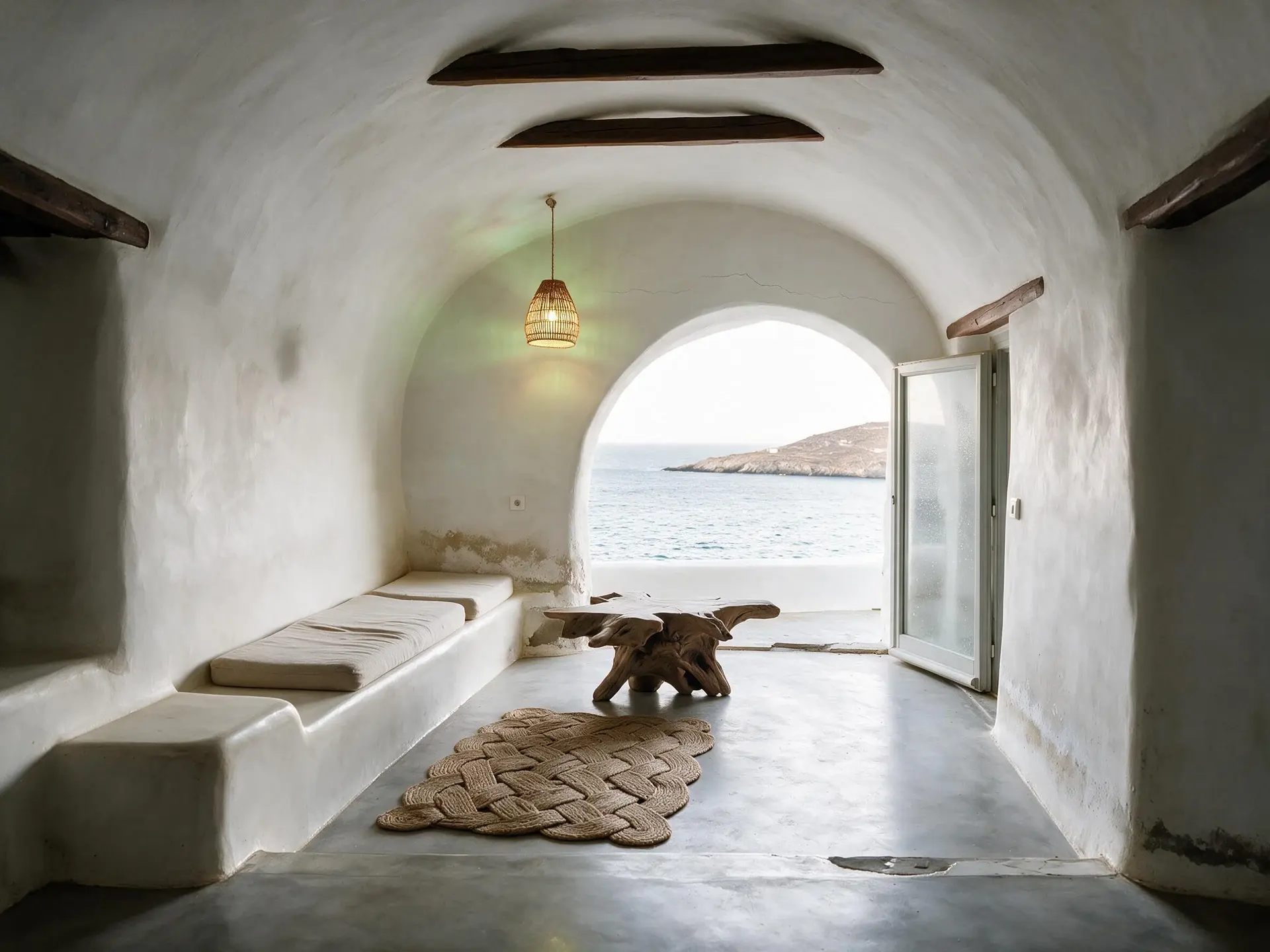 Before and after of a whitewashed cave-house living room above Psarou bay in Mykonos. — enhanced by Plotpane